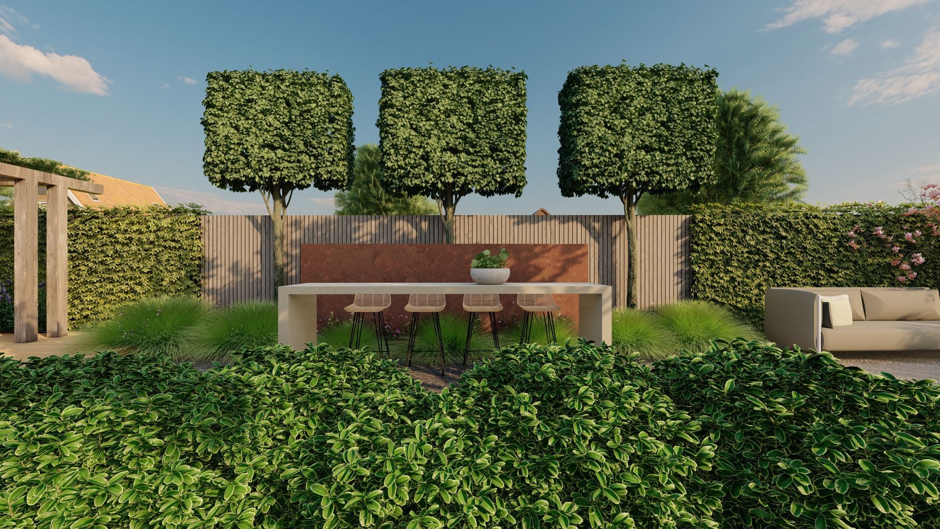 Een terras met een betonnen bar, groene hagen, vierkante bomen en een blauwe hemel.