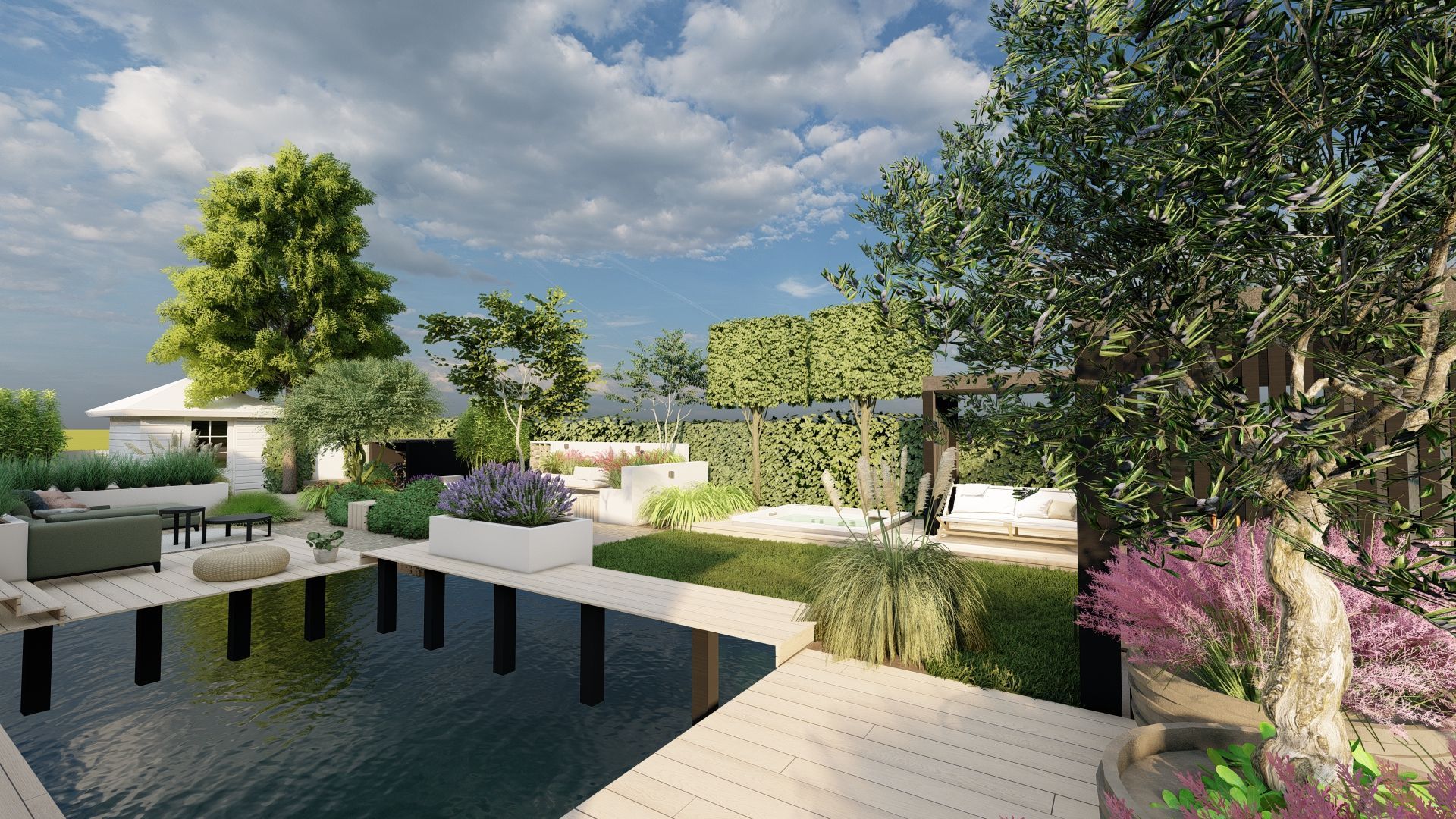 Luxe achtertuin met zwembad, loungehoek, weelderig groen en een stralende zon.