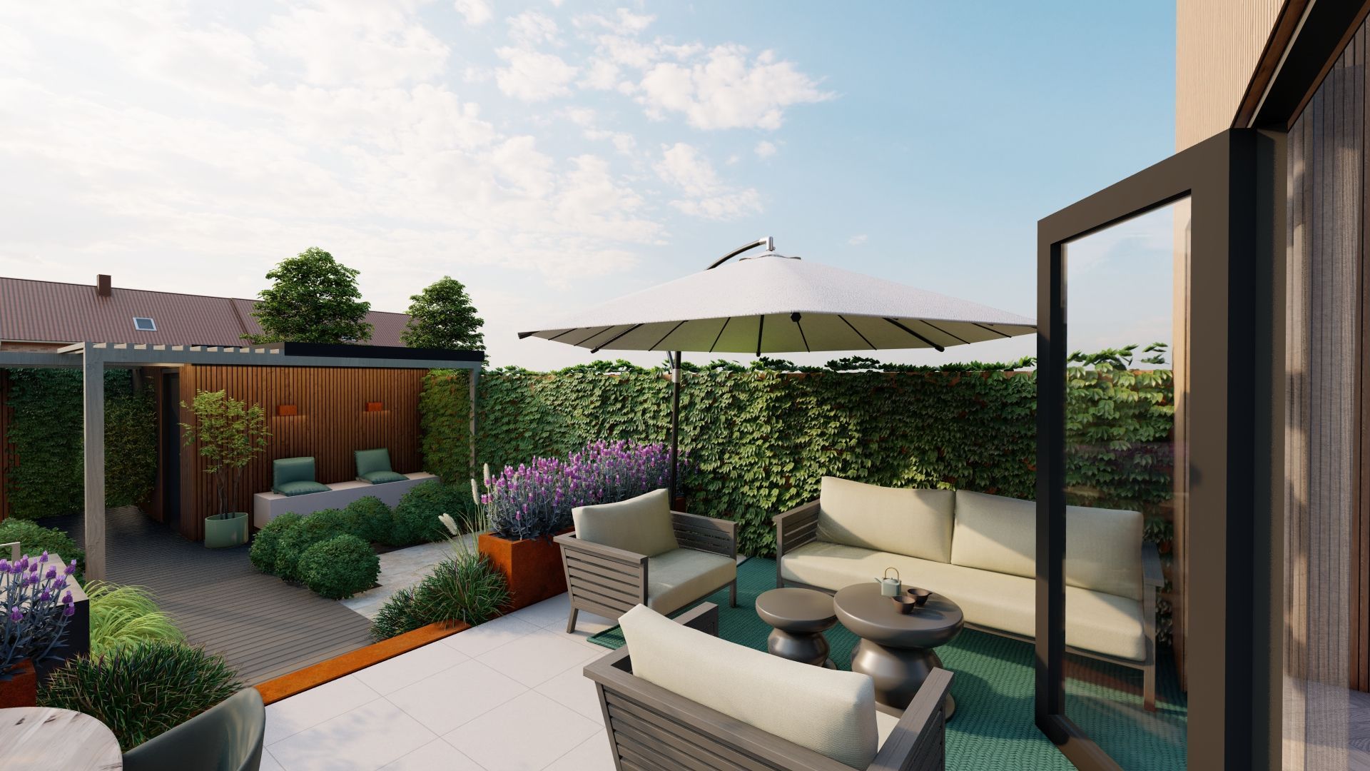 Terras met tuinmeubilair, parasol en een groene haag.