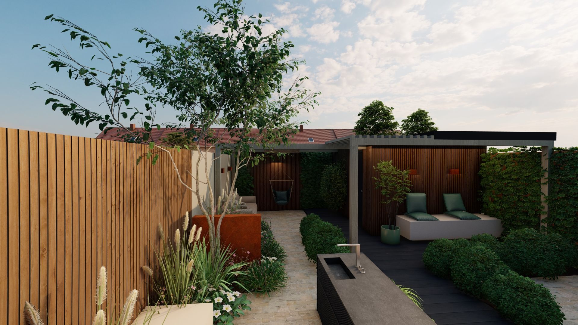 Moderne tuin met houten schutting, groen en een stenen zitgedeelte onder een pergola.