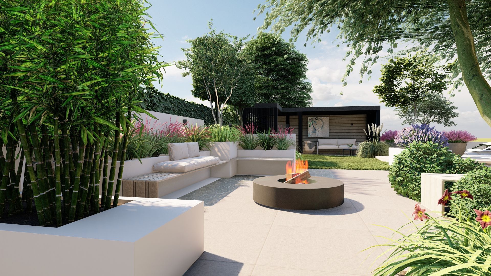Modern terras met vuurkuil, zitgelegenheid, beplanting en een loungehoek.
