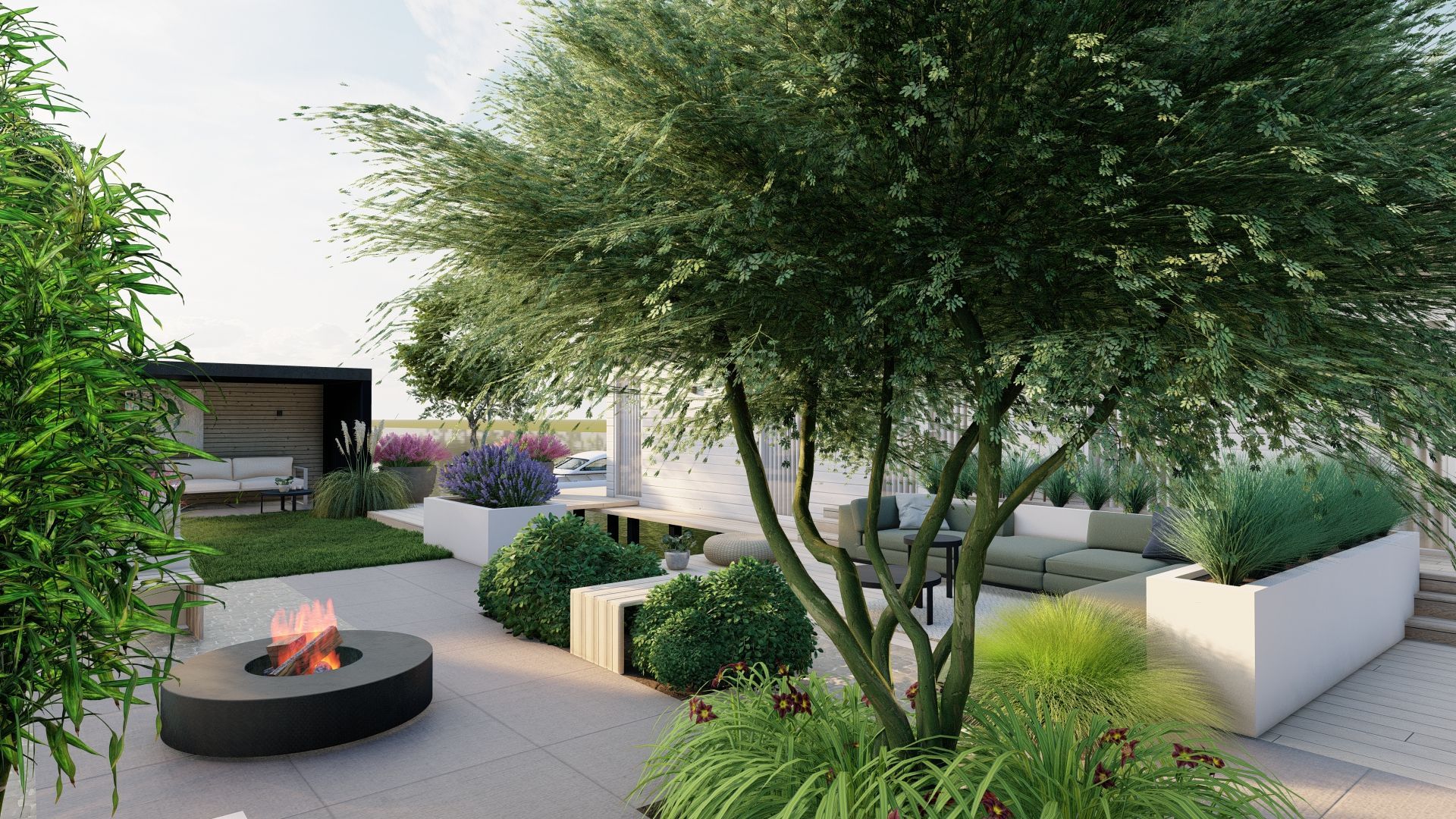 Daktuin met vuurplaats, zitgedeelte en weelderig groen. Witte plantenbakken, olijfbomen en een modern design.