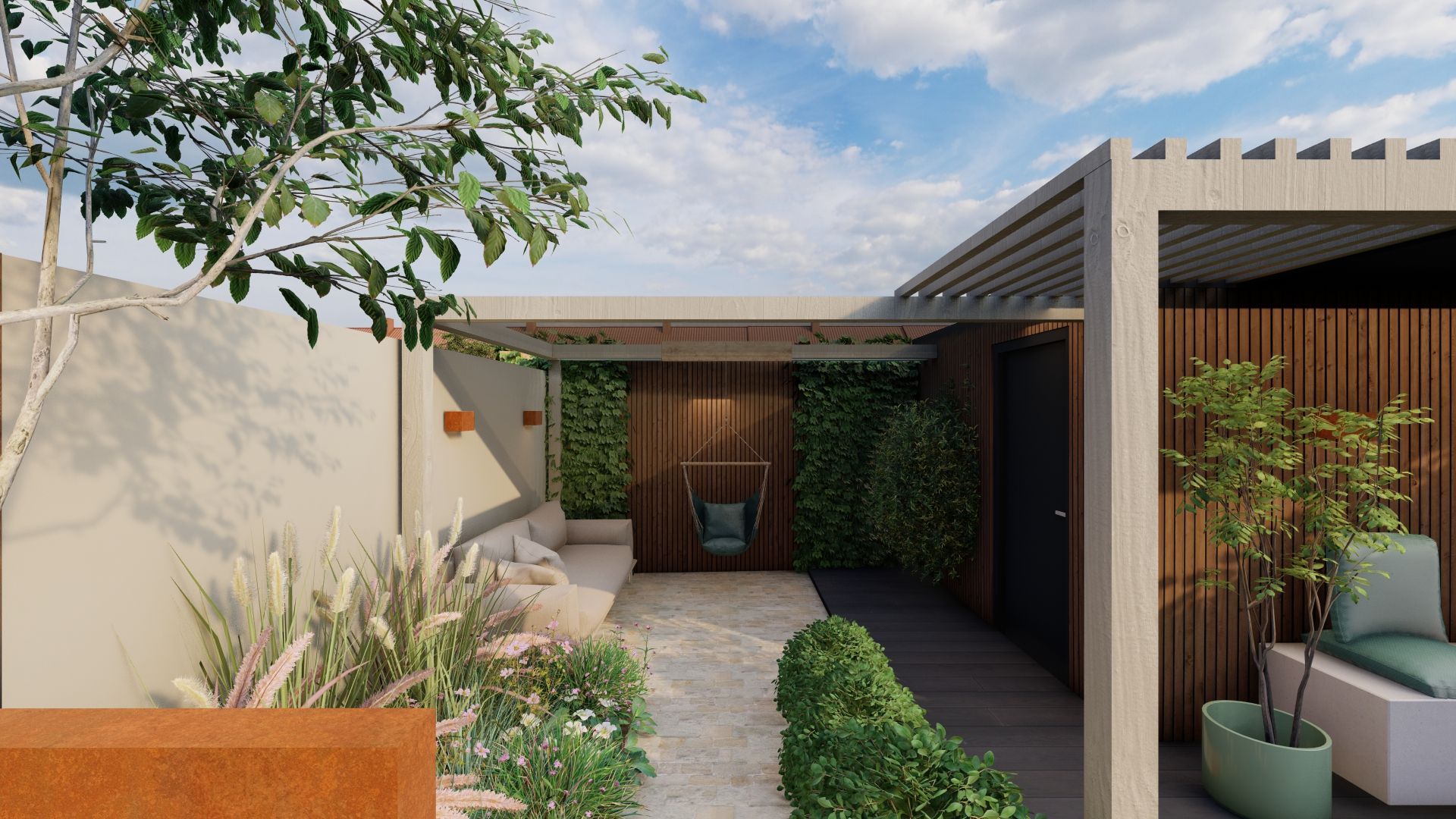 Buitenpatio met houten pergola, ingebouwde bank, beplanting en pad.