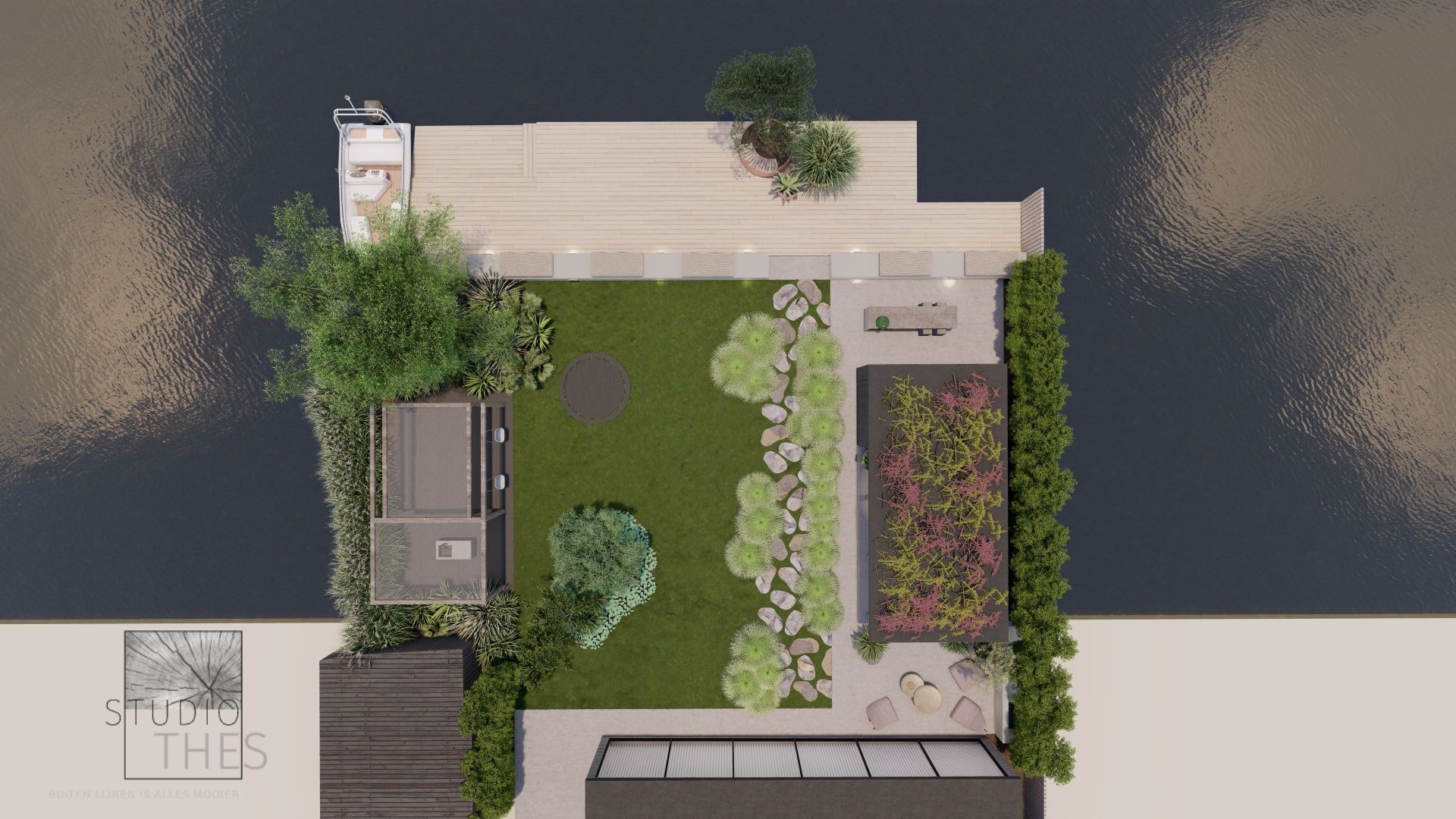Bovenaanzicht van een modern tuinontwerp met gazon, bloembedden, terras en dakterras.