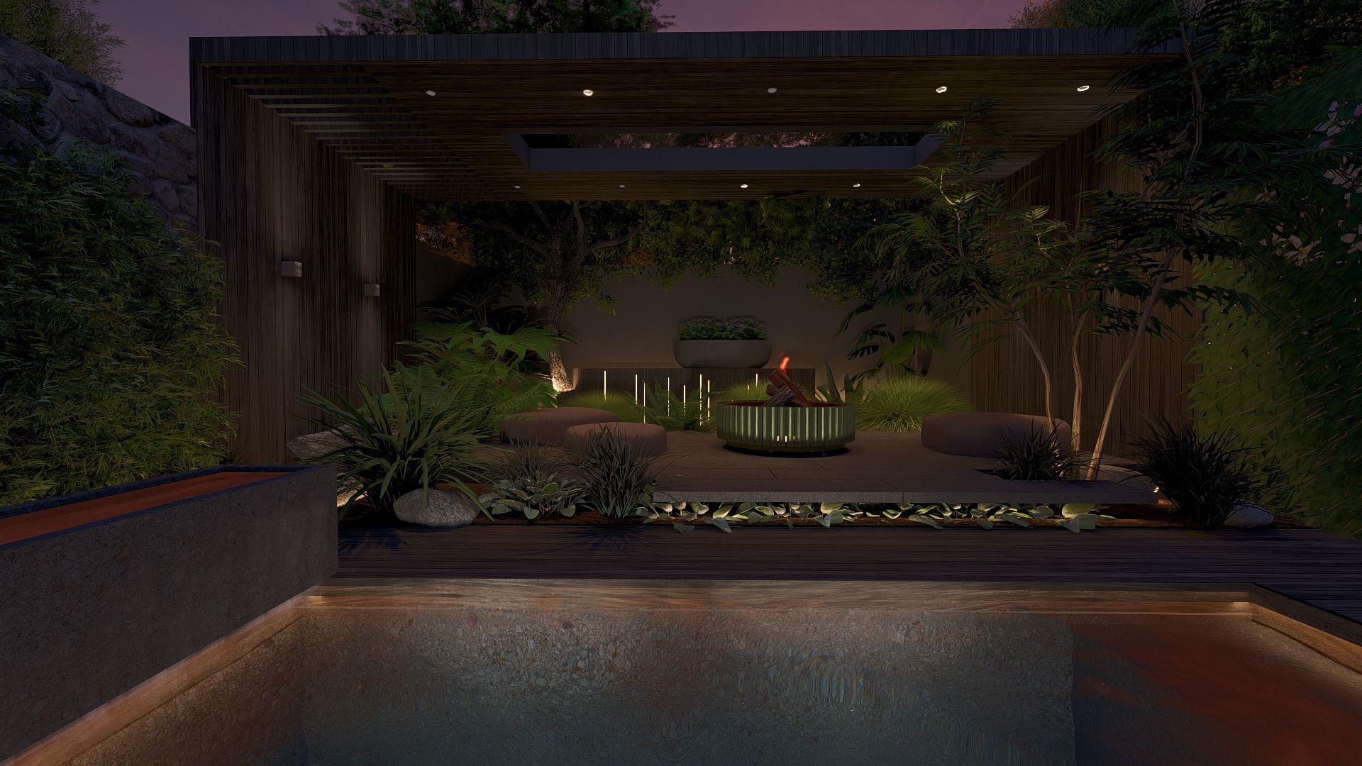 Een tuinscène 's nachts met een zwembad, planten, verlichting en een vuurplaats onder een houten pergola.