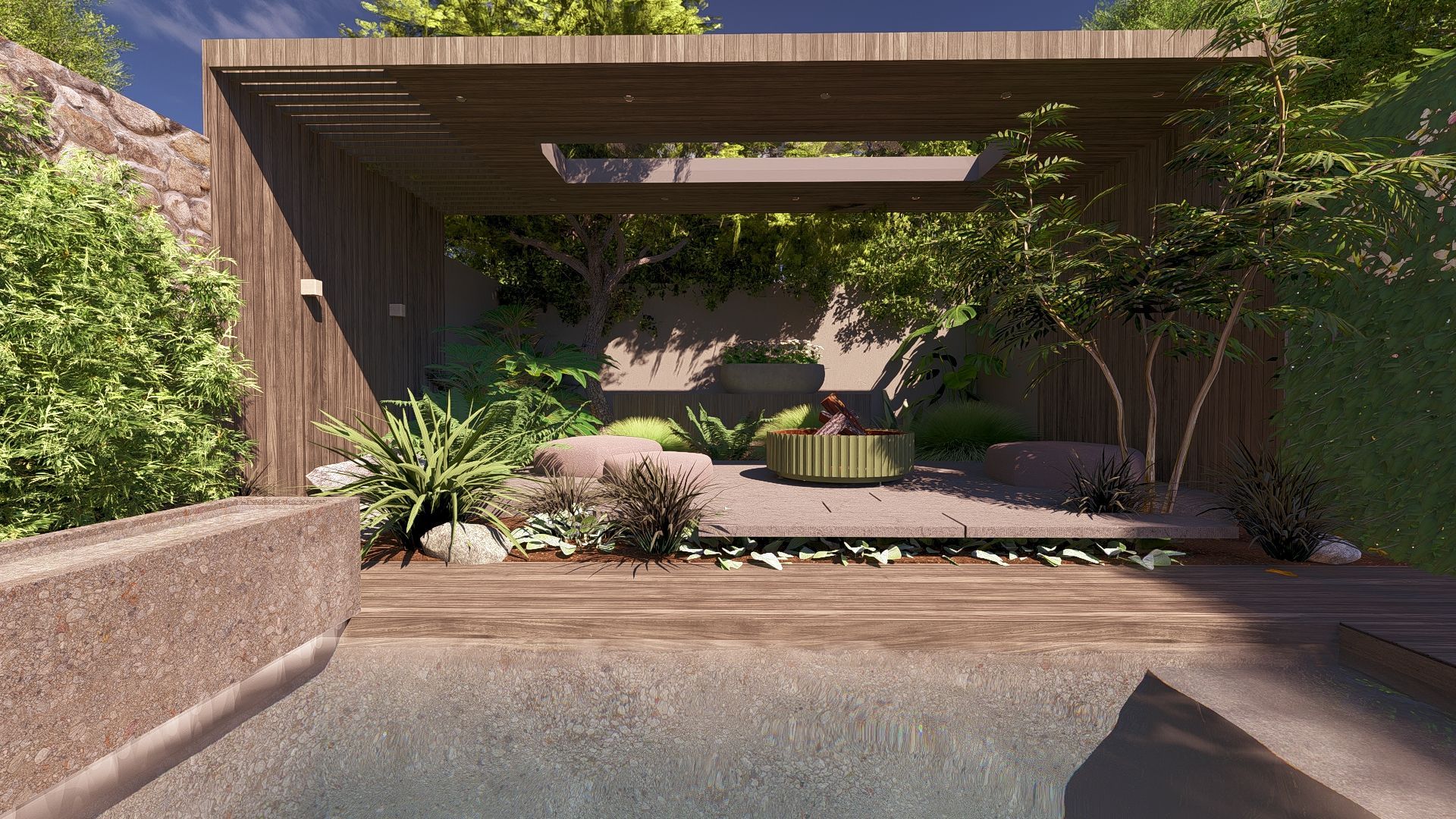 Een oase in de achtertuin met een zwembad, een houten pergola en weelderig groen.