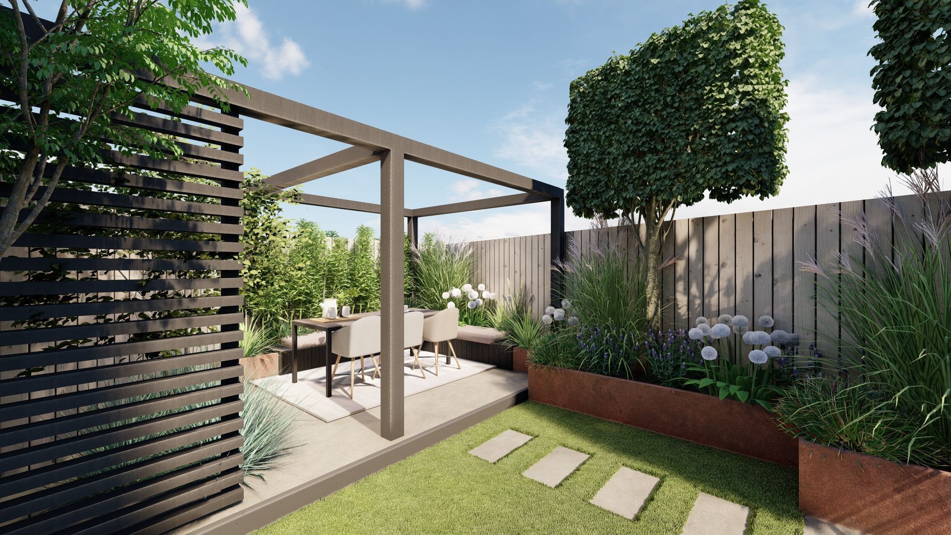 Modern tuinontwerp met pergola boven zitgedeelte, houten schutting, groen en stenen pad.