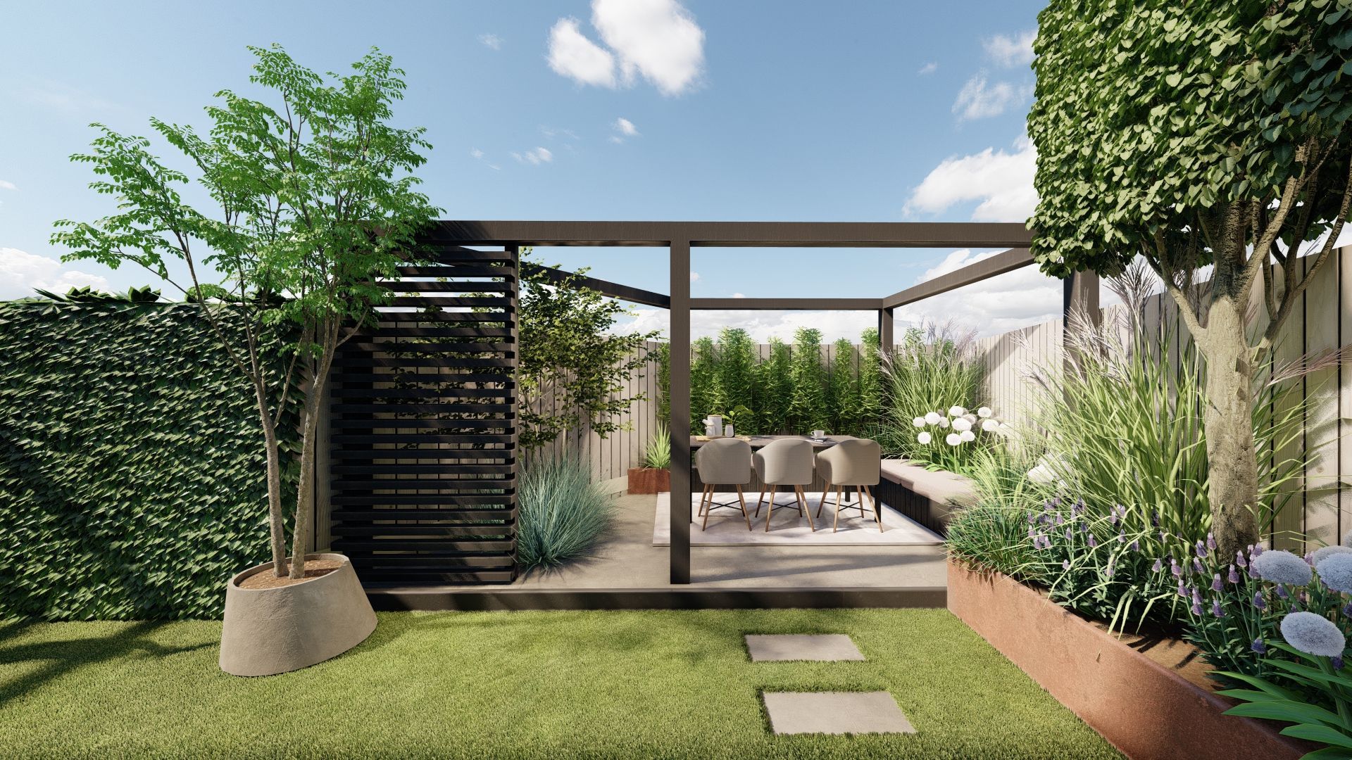 Een moderne tuin met een pergola, eettafel, weelderig groen en stapstenen. Een zonnige dag.