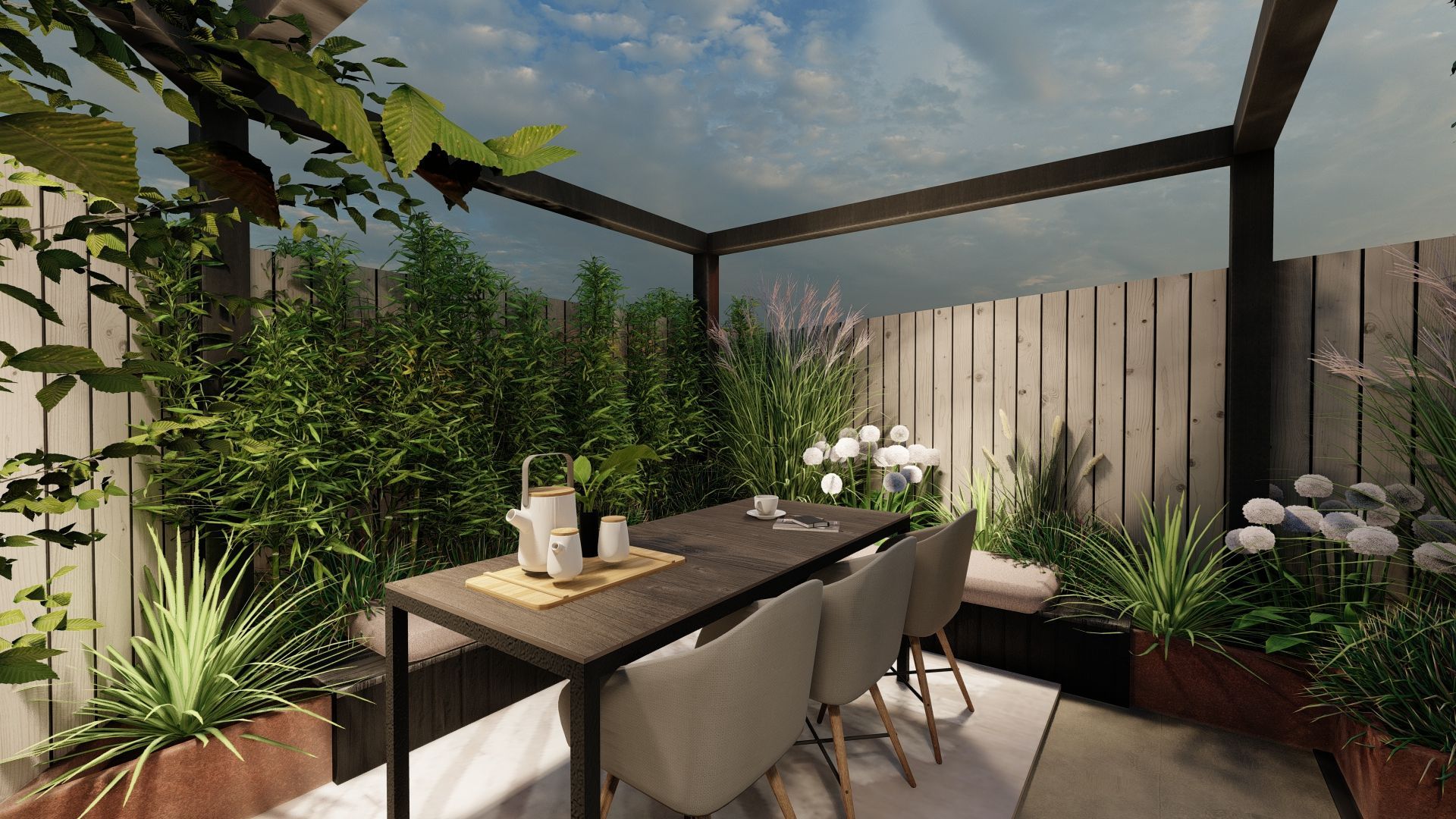 Eethoek buiten met tafel, stoelen, planten en houten schutting. De lucht is zichtbaar.