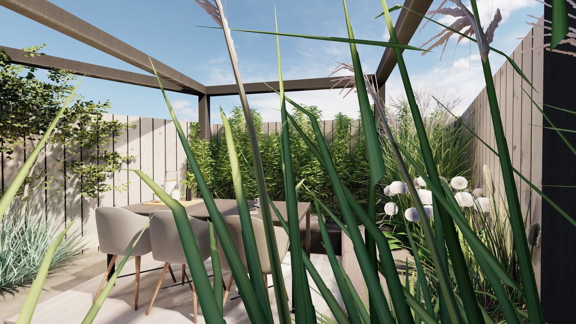 Eetgedeelte buiten met een tafel en stoelen, omgeven door planten en een pergola.