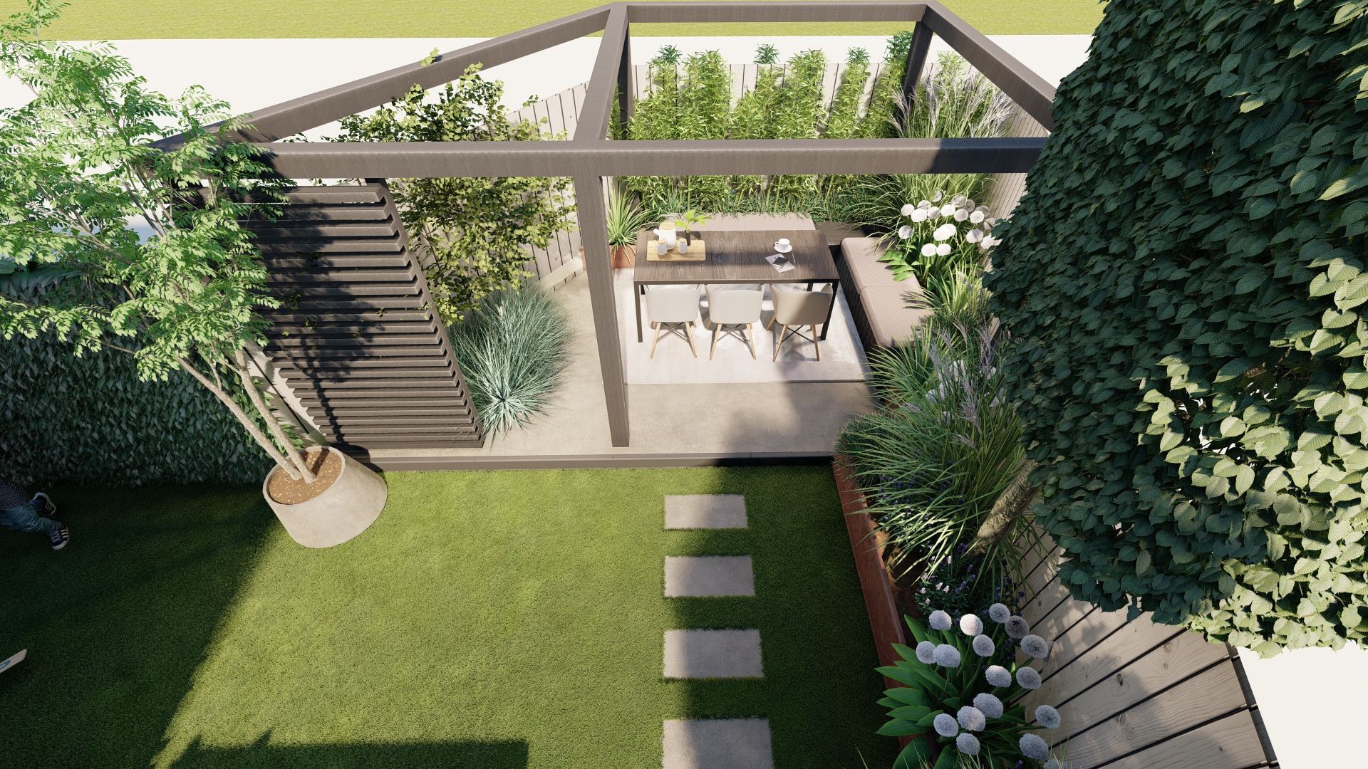 Bovenaanzicht van een moderne achtertuin met pergola, eethoek, gazon, stapstenen en omringende beplanting.