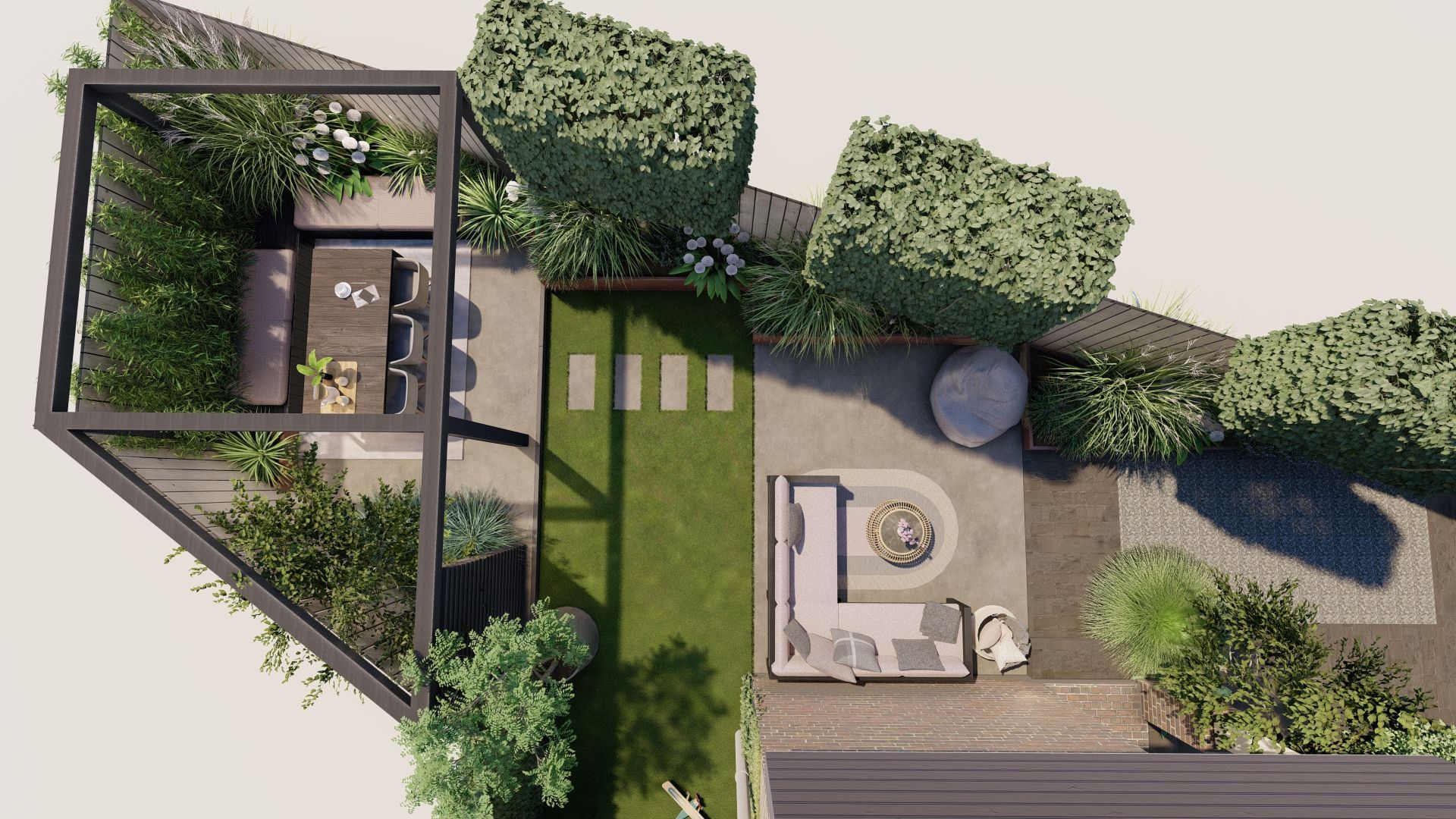 Bovenaanzicht van een modern tuinontwerp met zitjes, een vuurkuil en groen.