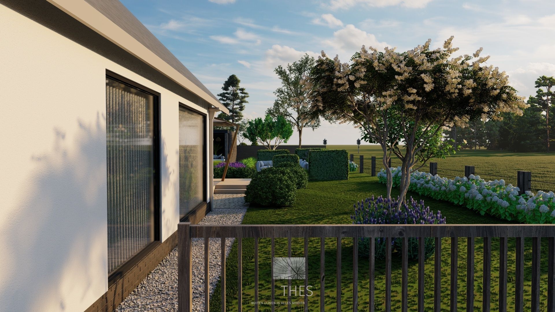 Exterieurbeeld van een modern huis met een weelderige tuin, voorzien van een terras, bomen en een grasveld.