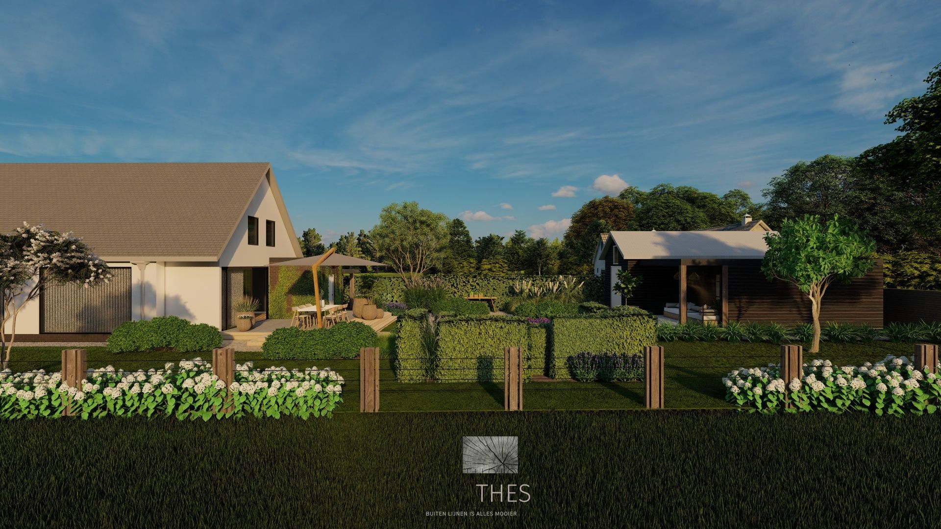 Een achtertuin met een huis, terras en bloembedden onder een blauwe hemel.