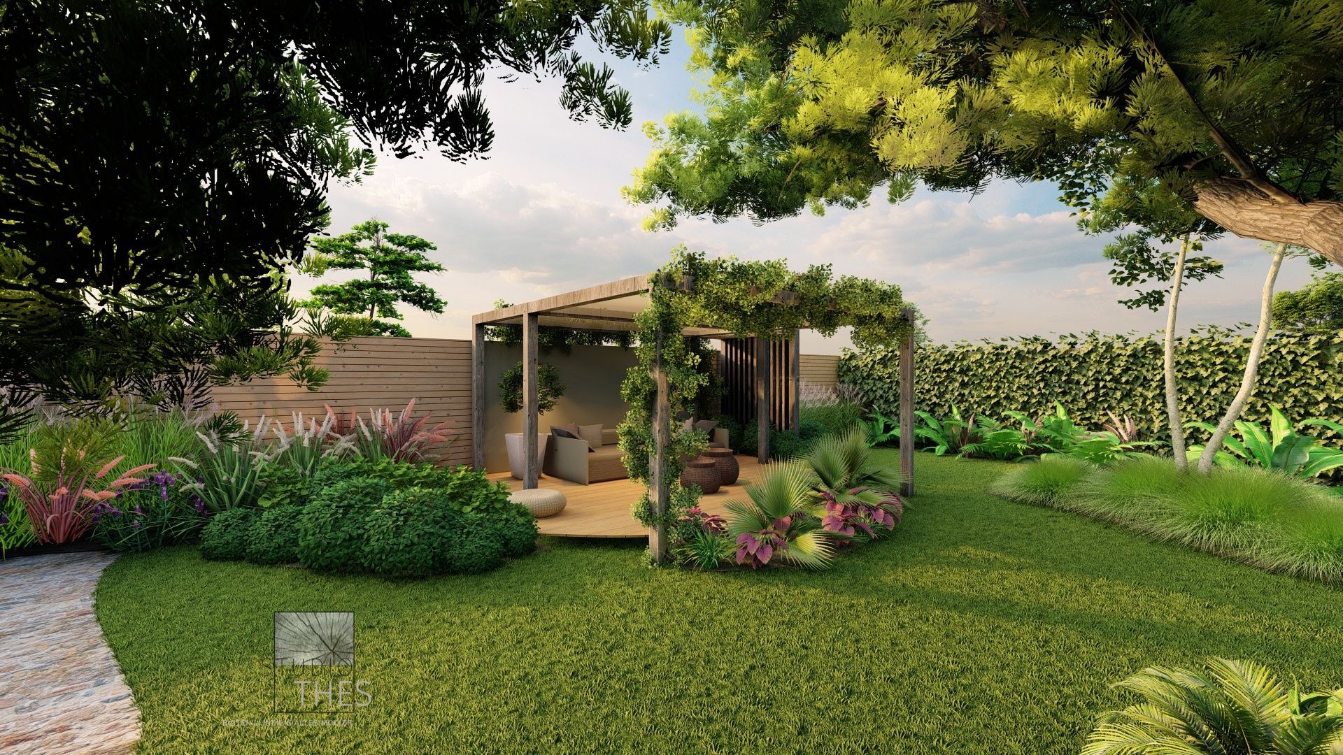Een serene tuin met een houten prieel, omgeven door weelderig groen gras, kleurrijke bloemen en bomen.