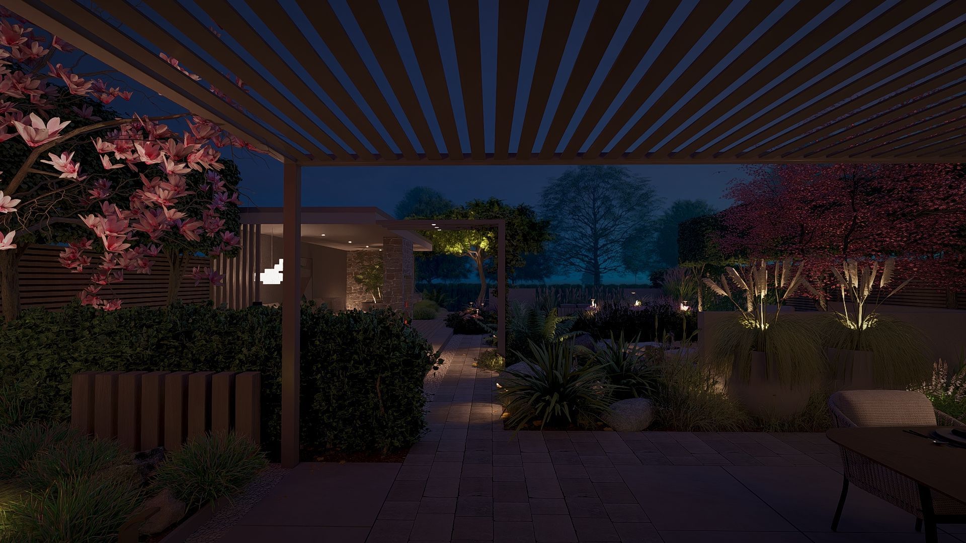 Een tuinscène 's nachts met verlichte planten, een pad en een pergola.