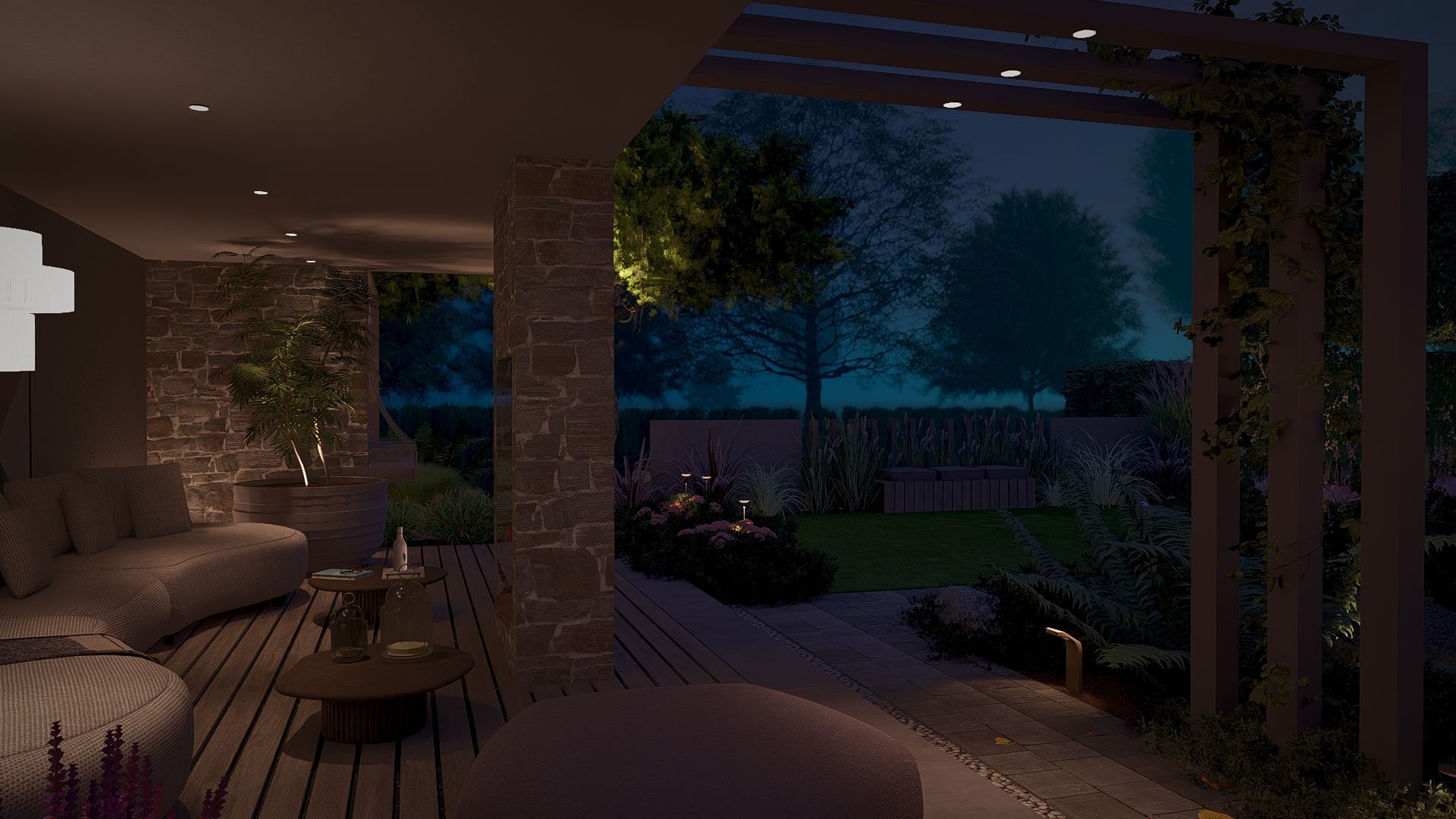 's Avonds buiten op het terras met verlichte loungemeubels en uitzicht op de tuin.