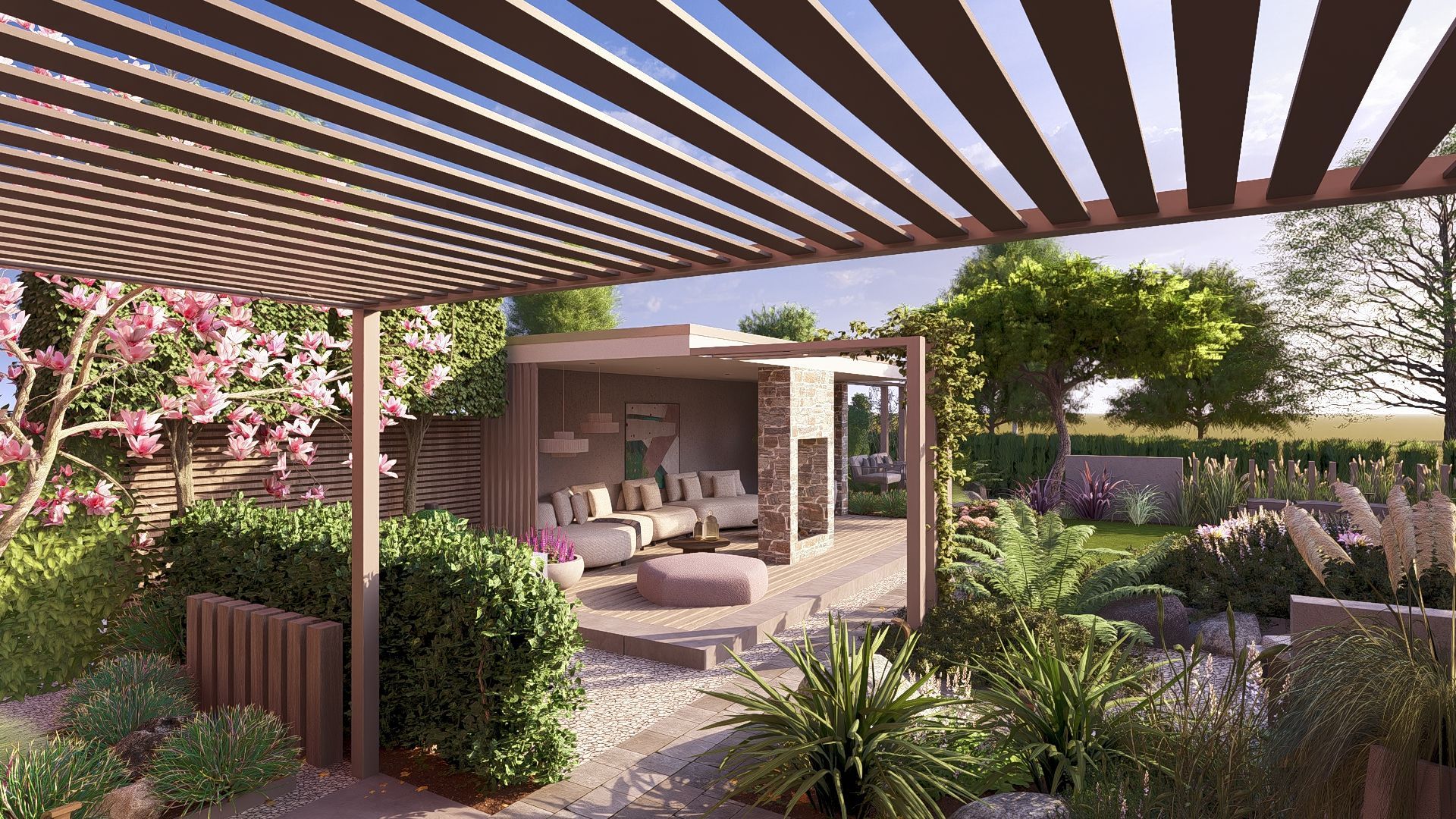 Buitenlounge onder een pergola. Stenen terras met zitgelegenheid, omgeven door planten en een tuin met bloeiende bomen.