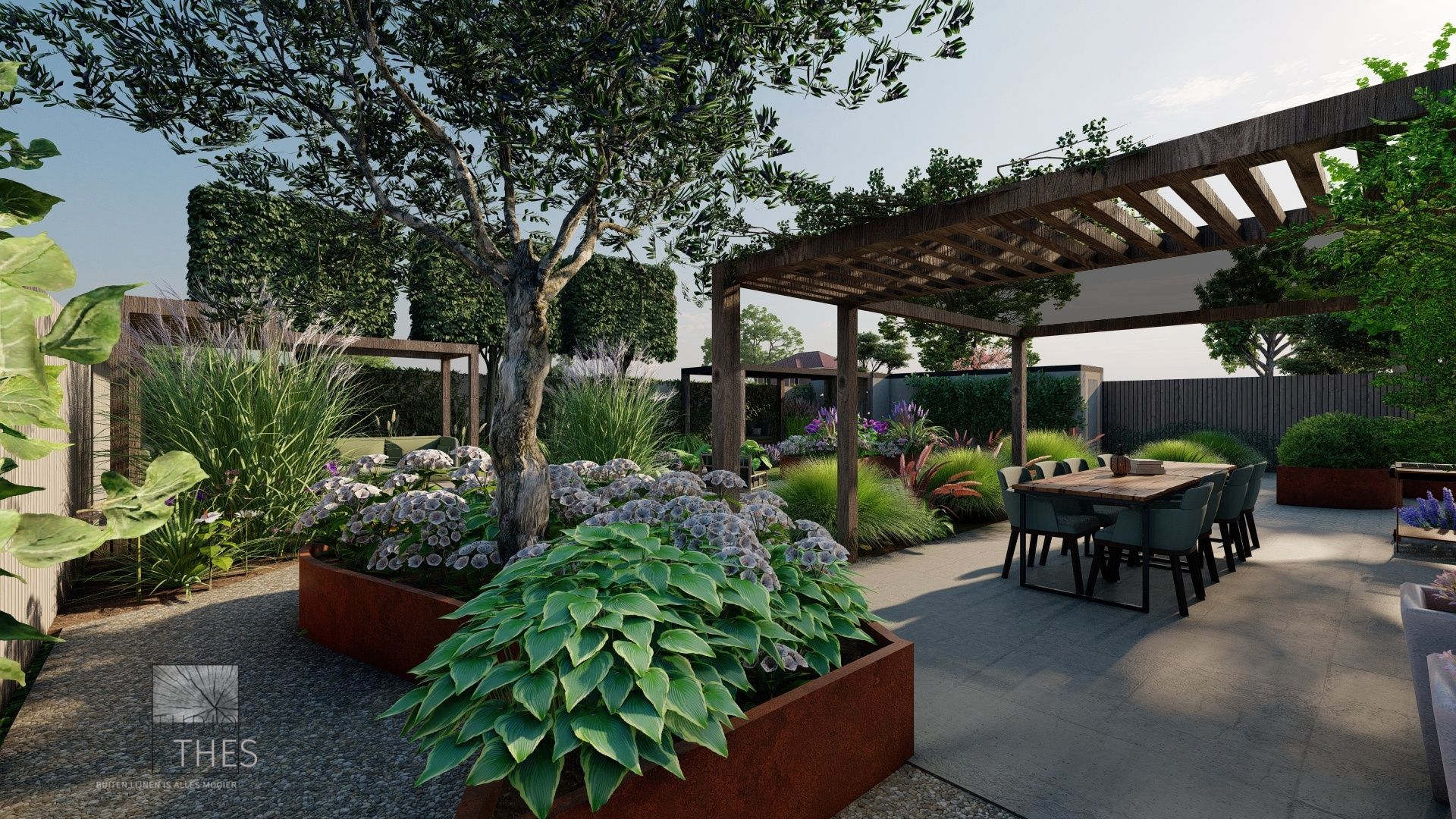 Buitentuin met een eethoek onder een pergola, omgeven door verhoogde bloembedden en groen.