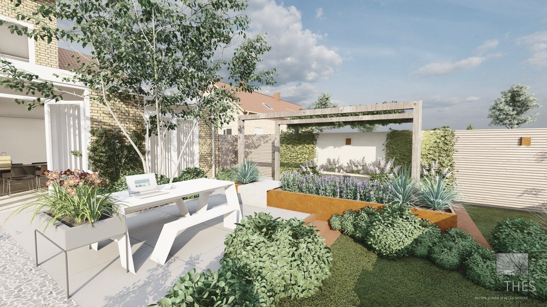 Een gevisualiseerd tuinontwerp met een witte tafel en bank, verhoogde plantenbedden en pergola's.