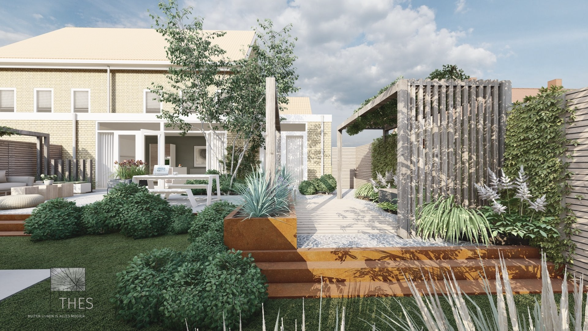 Tuinaanleg met terras, houten trappen en een pergola; weelderig groen en een lichtgekleurd gebouw op de achtergrond.