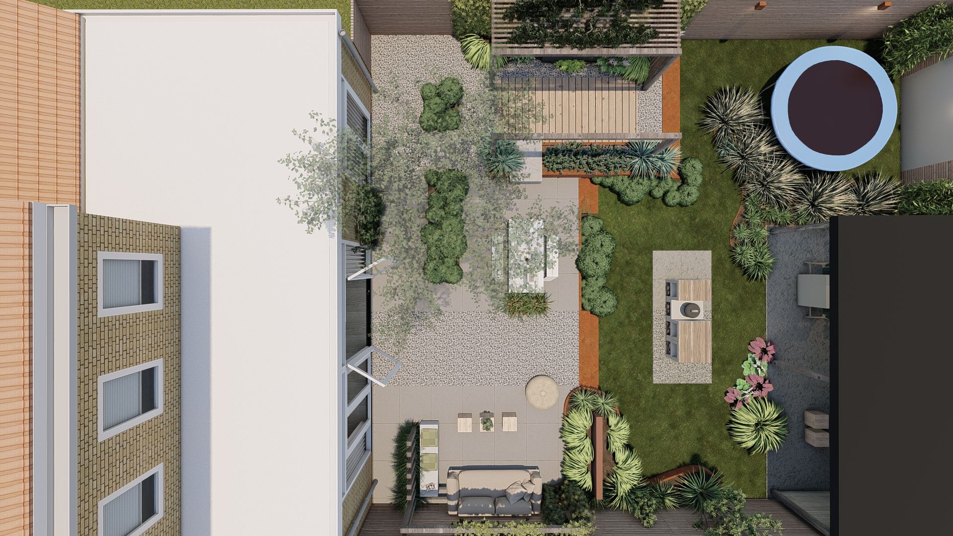 Bovenaanzicht van een modern tuinontwerp met terras, bloembedden, zitgedeelte en trampoline.