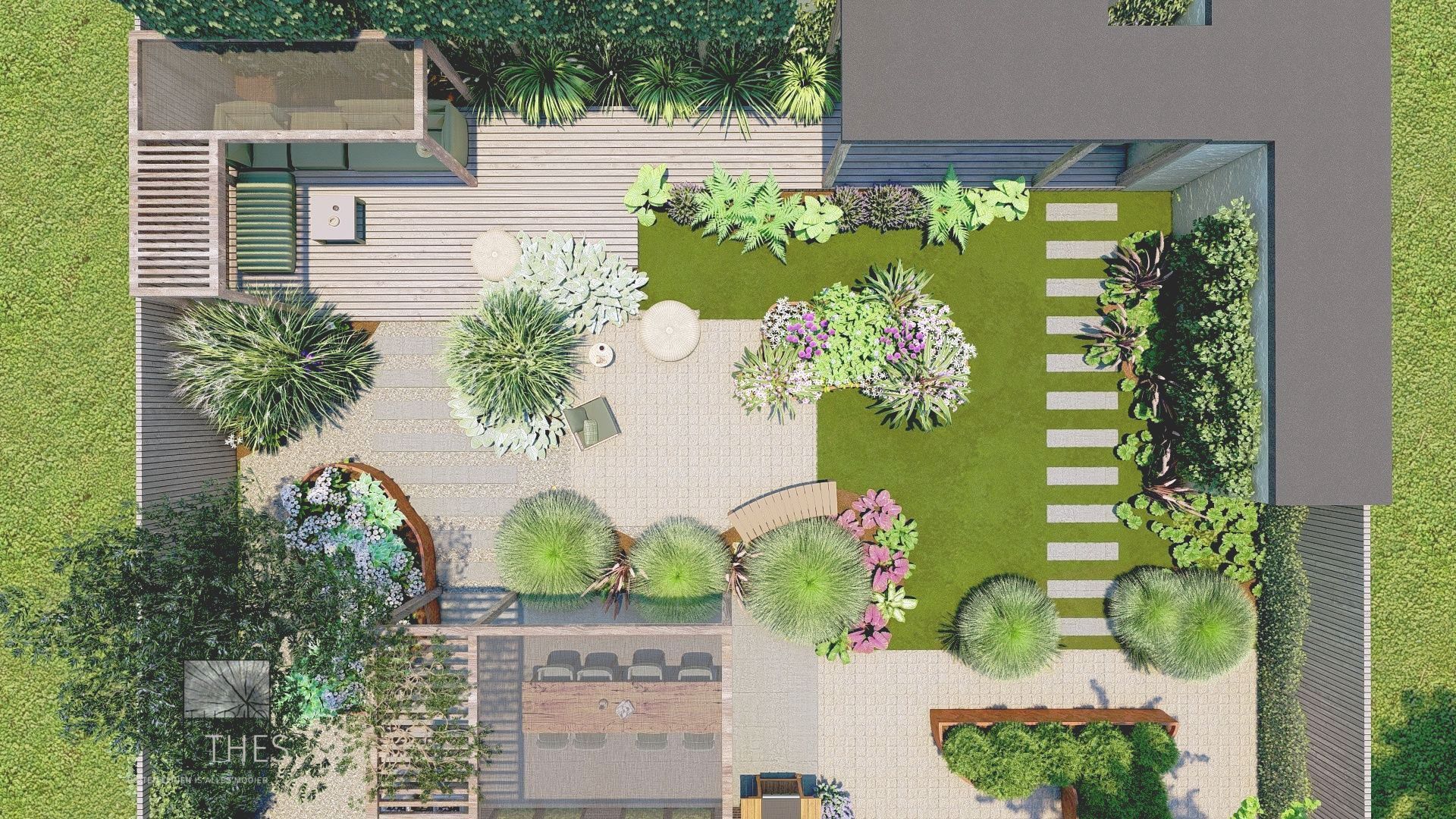 Bovenaanzicht van een modern tuinontwerp met een terras, patio en aangelegde groen- en bruintinten.