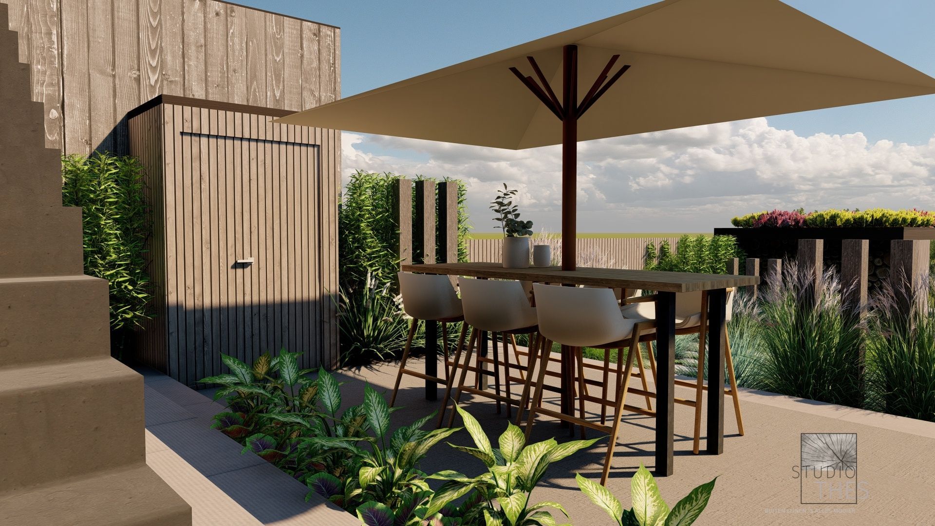Dakterras met hoge tafel, stoelen, grote parasol en ingebouwde opbergruimte. Met planten en uitzicht.