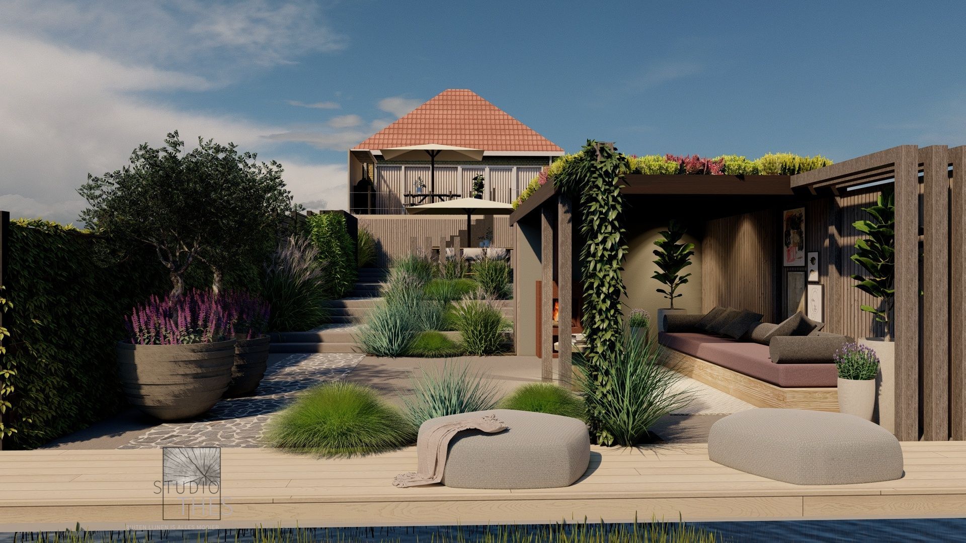 Een modern tuinontwerp met een loungehoek en een stenen pad dat naar een gebouw leidt.