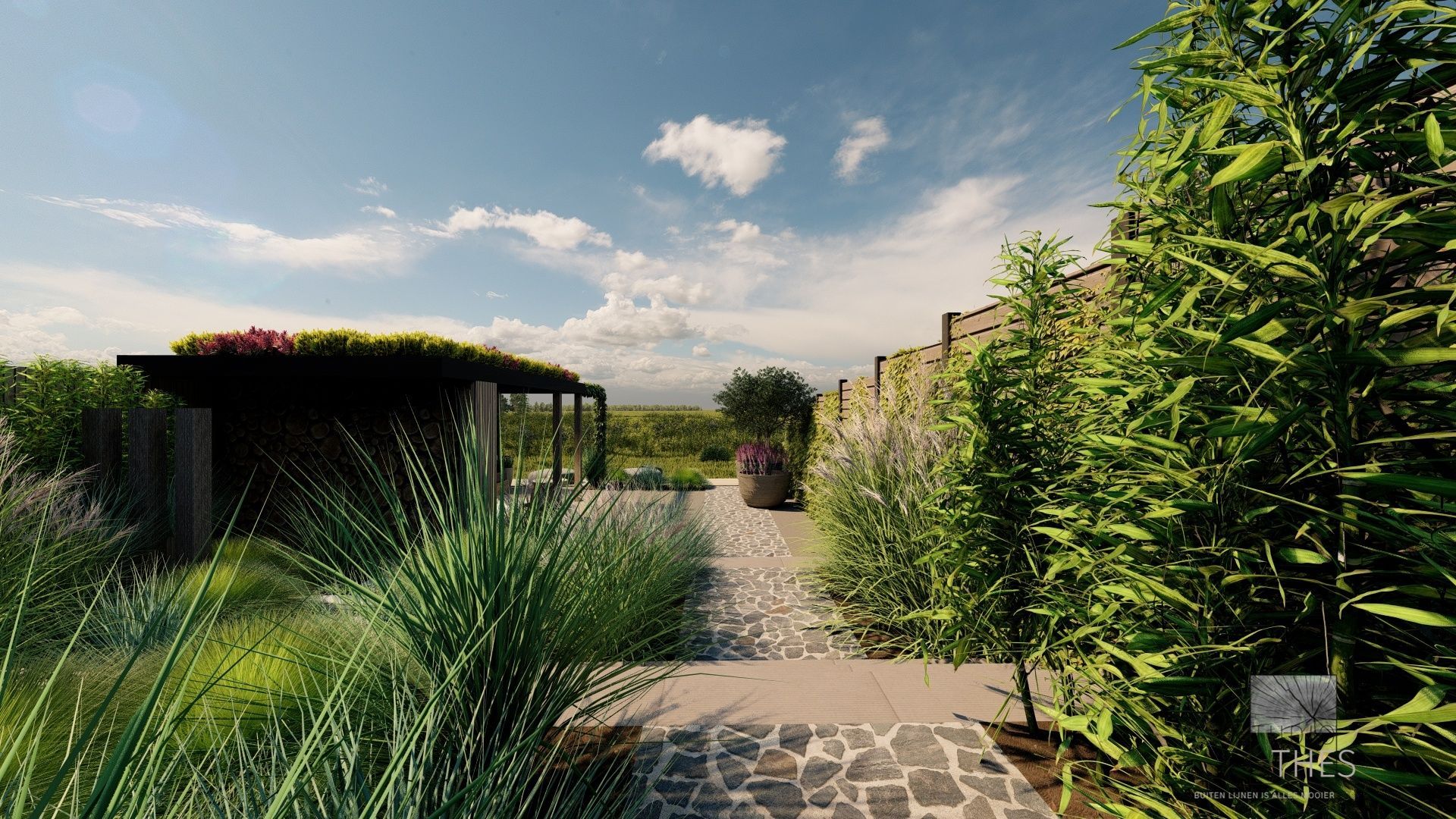 Een stenen pad leidt naar een pergola met weelderig groen en een vergezicht op het landschap onder een blauwe hemel.
