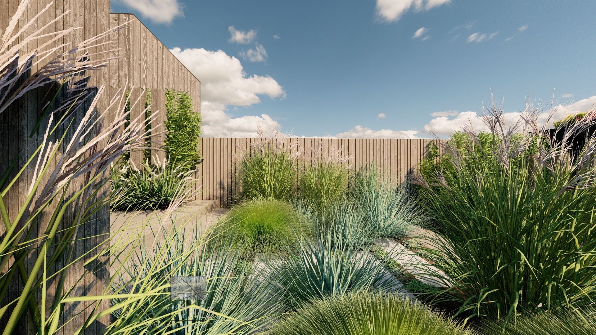 Een weelderige tuin met diverse grassen en planten, een houten schutting en een blauwe hemel met wolken.