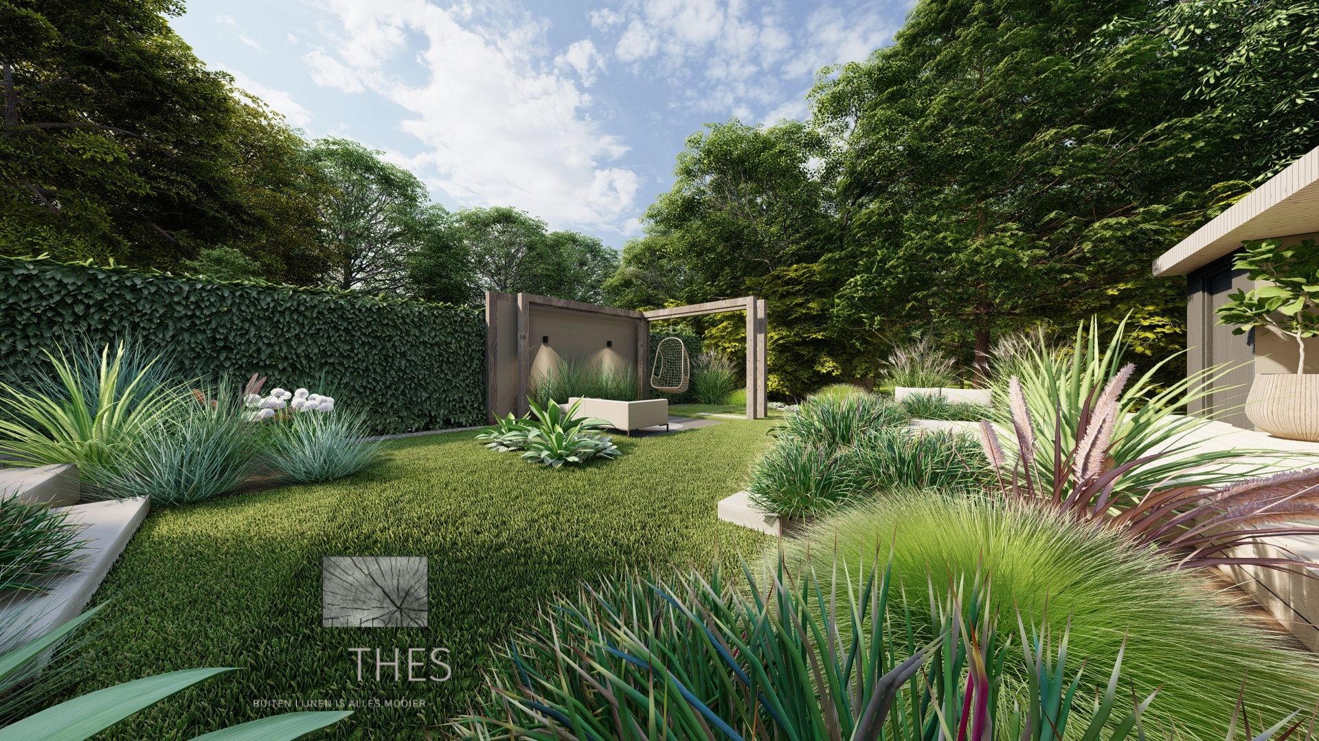 Een aangelegde tuin met weelderig groen, stenen paden en een pergola onder een zonnige hemel.