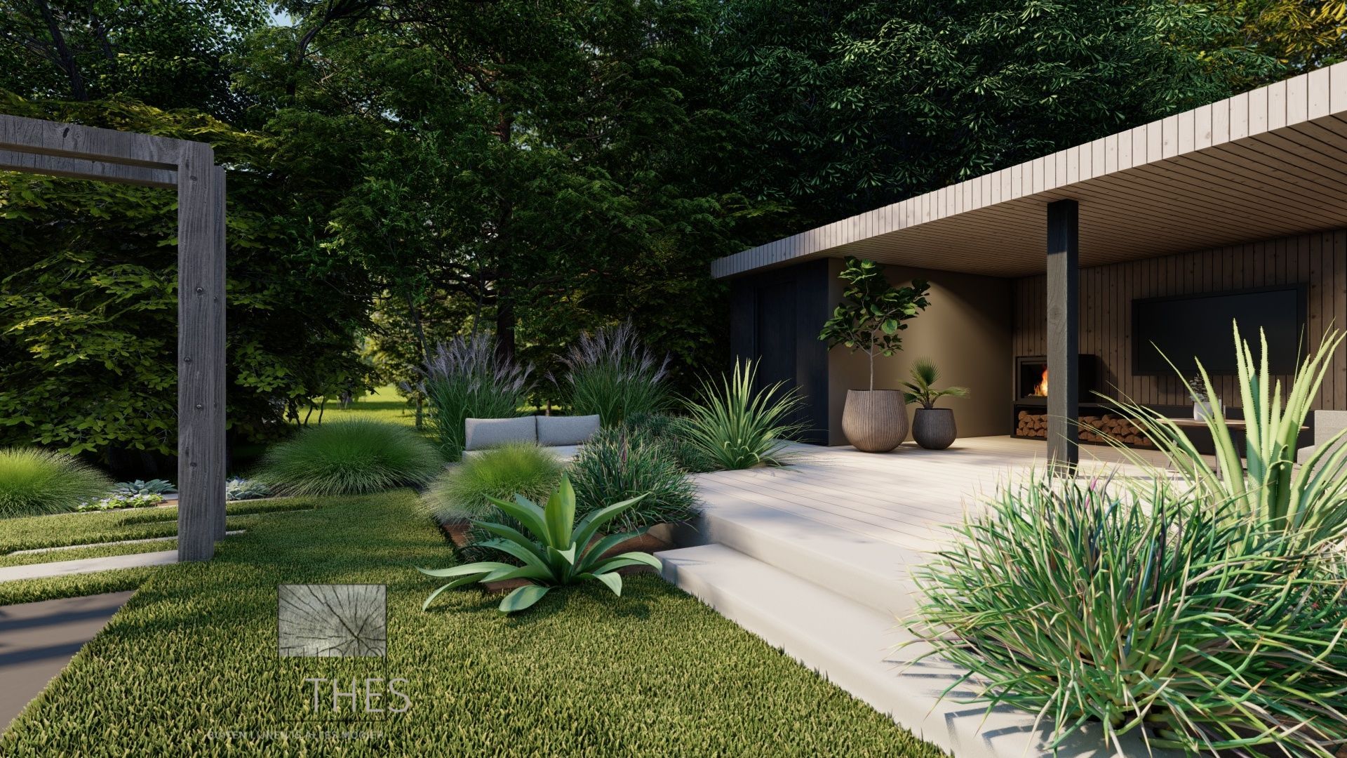 Moderne achtertuin met terras, planten en groen.