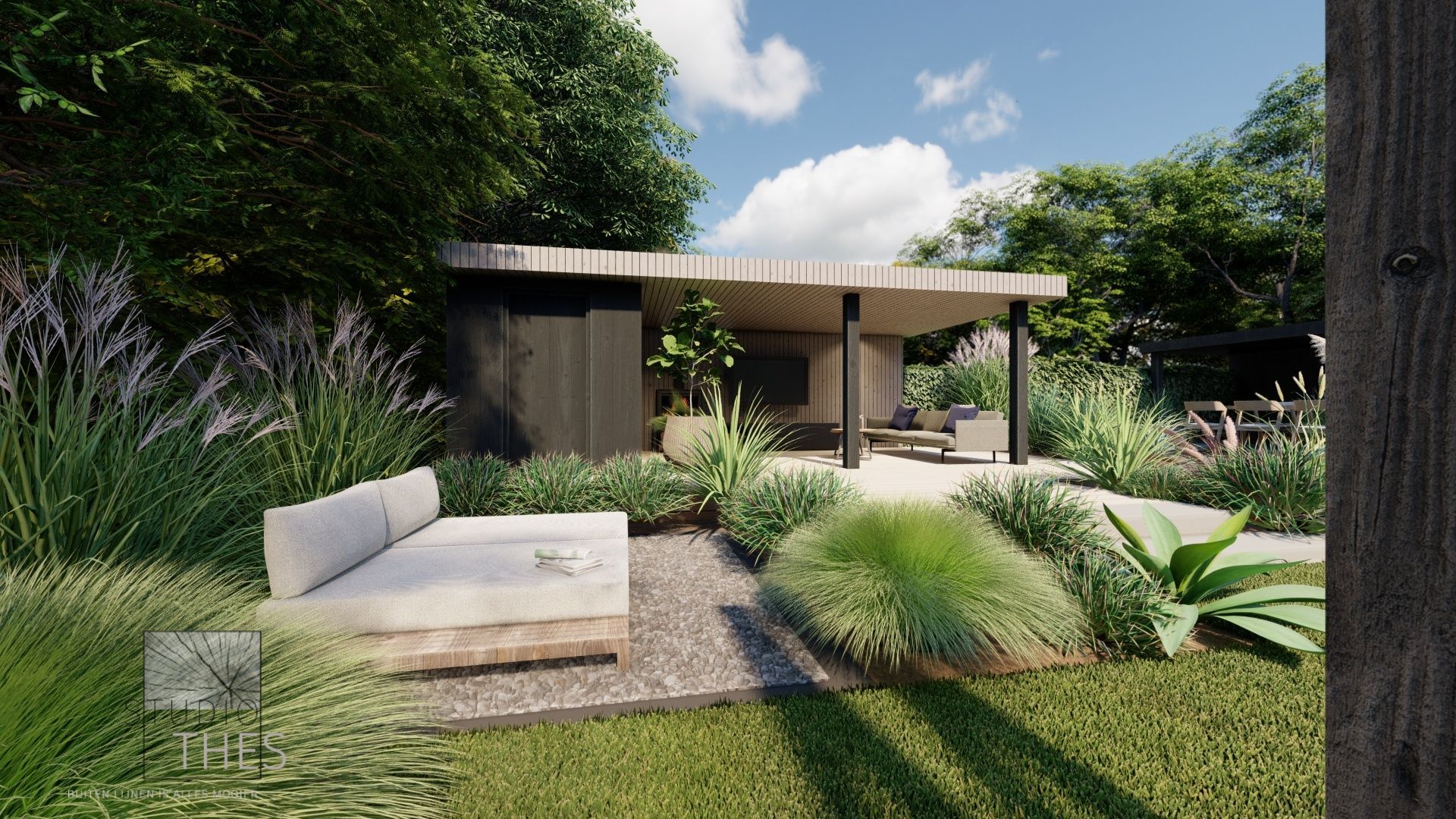 Moderne achtertuin als oase met een loungehoek, weelderig groen en een overdekt terras.