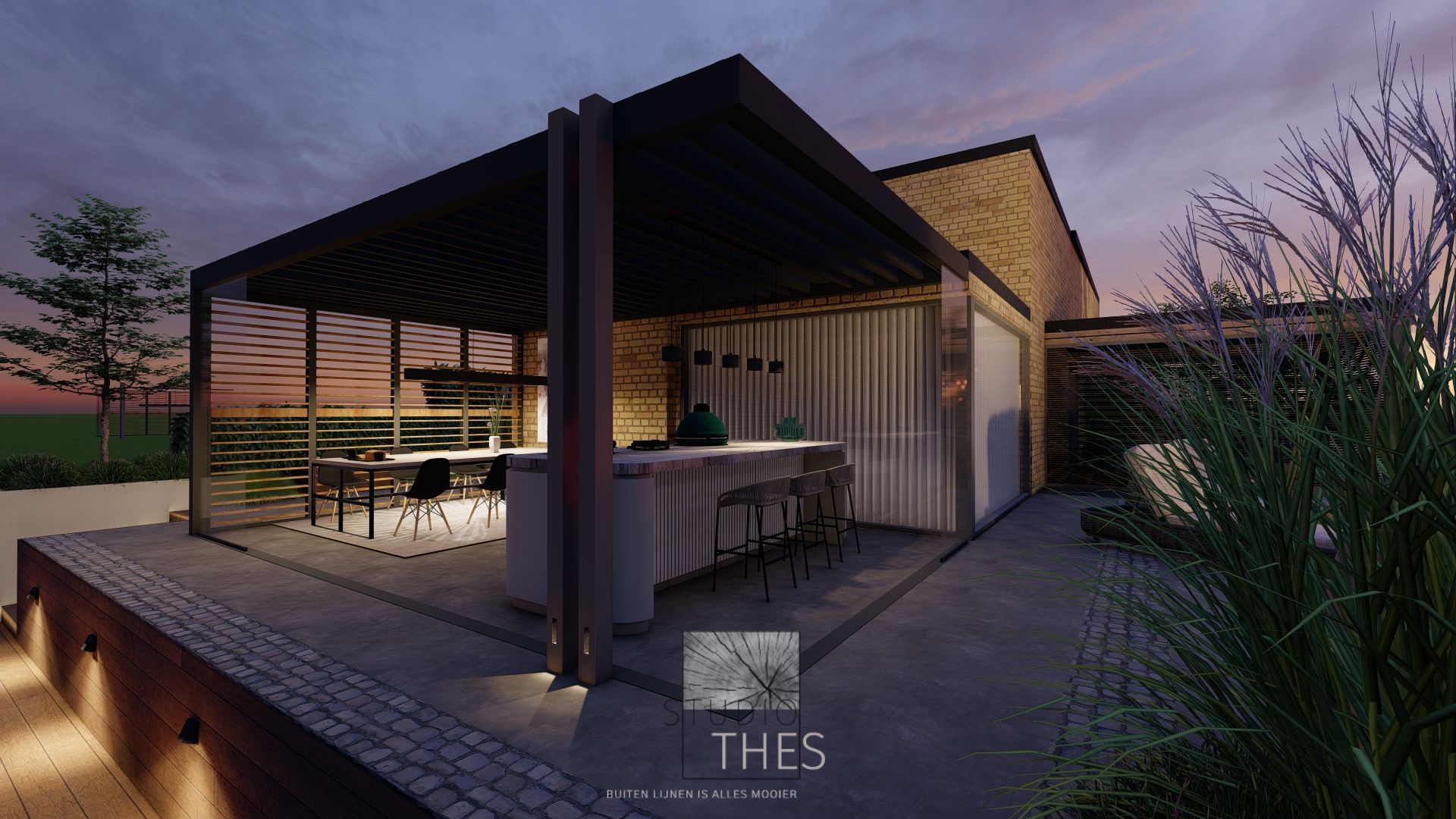Buitenkeuken met pergola, barzitjes en sfeerverlichting.