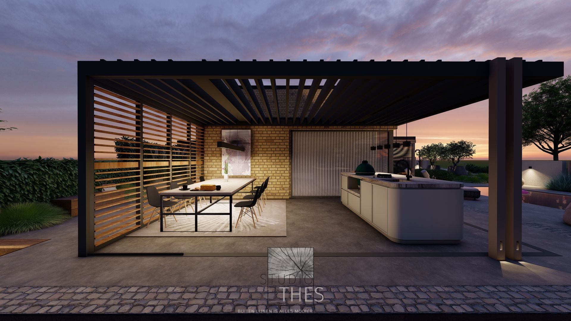Buitenkeuken met een eethoek onder een moderne pergola, waar u kunt genieten van de schemering.