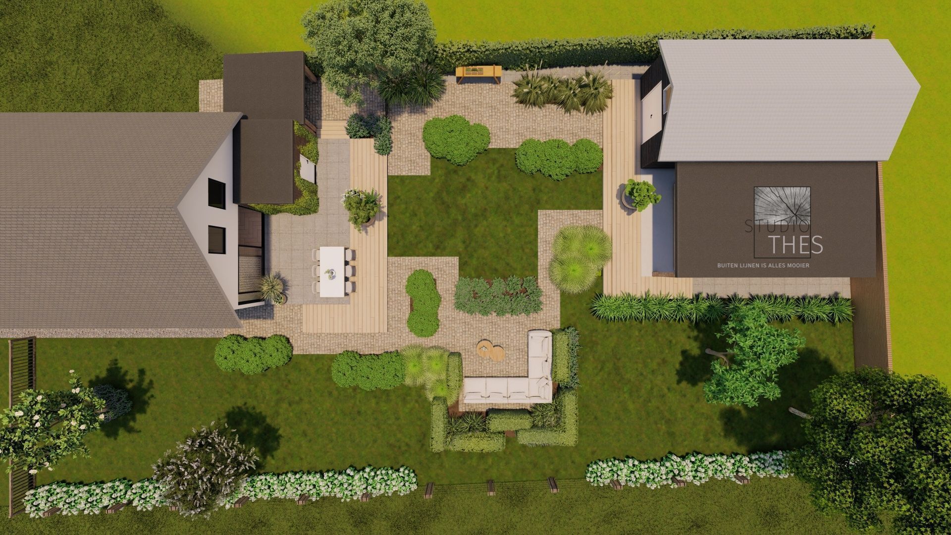 Bovenaanzicht van een tuinontwerp met een huis, terras, gazon en bloembedden.
