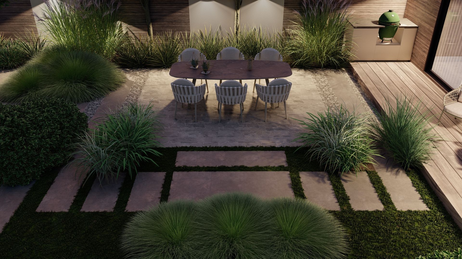 Een terras voor 's avonds, met een tafel en stoelen omgeven door planten en verlicht door lampen.