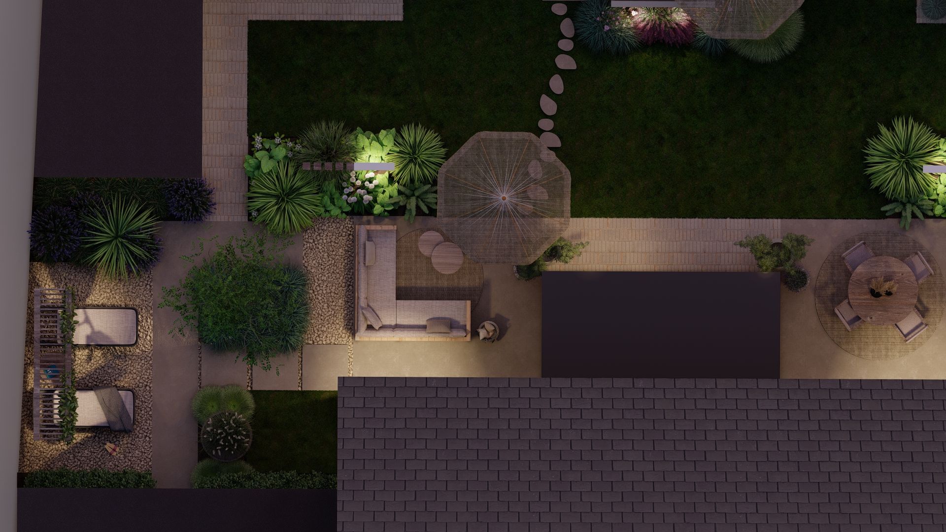 Luchtfoto 's nachts van een achtertuin met terrasmeubilair, beplanting en padverlichting.