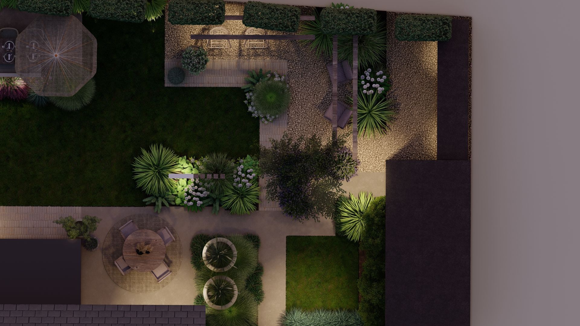 Bovenaanzicht van een verlichte tuin met paden, groen, zitjes en een klein prieel.