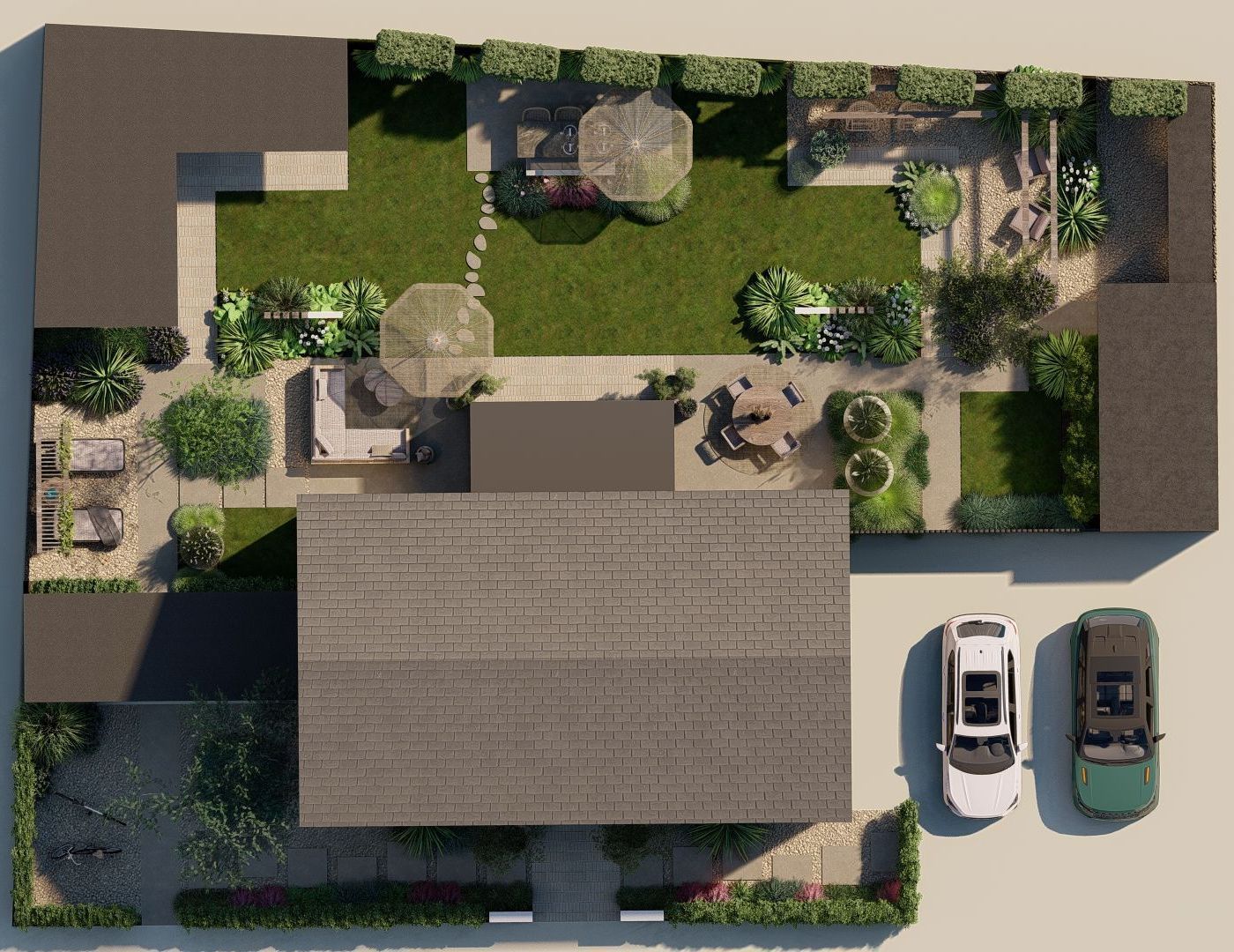 Bovenaanzicht van een huis en tuin met een auto op de oprit, bloembedden en terrasmeubilair.