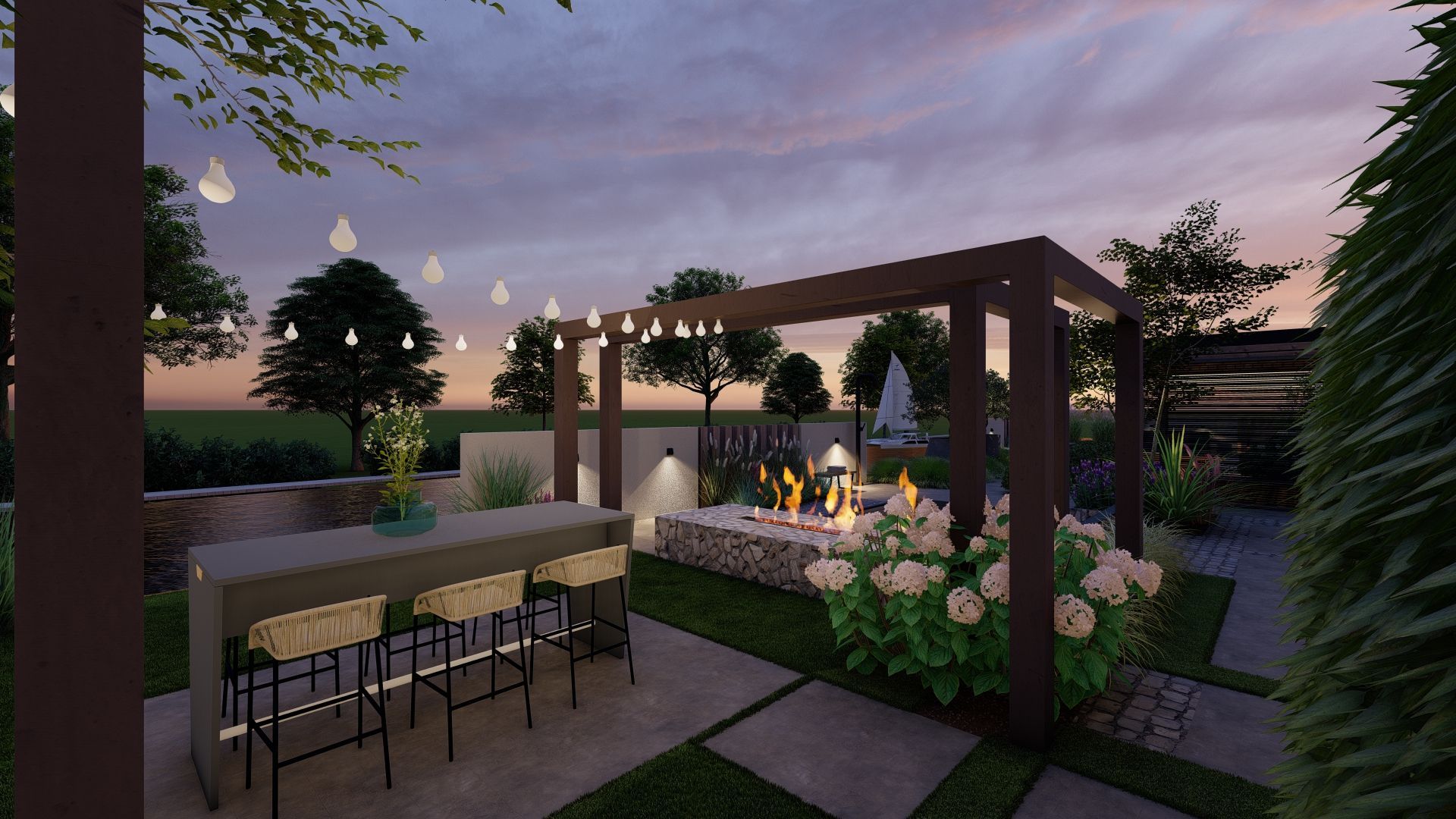 Buitenruimte met een pergola, vuurplaats, bar, sfeerverlichting en planten bij schemering.