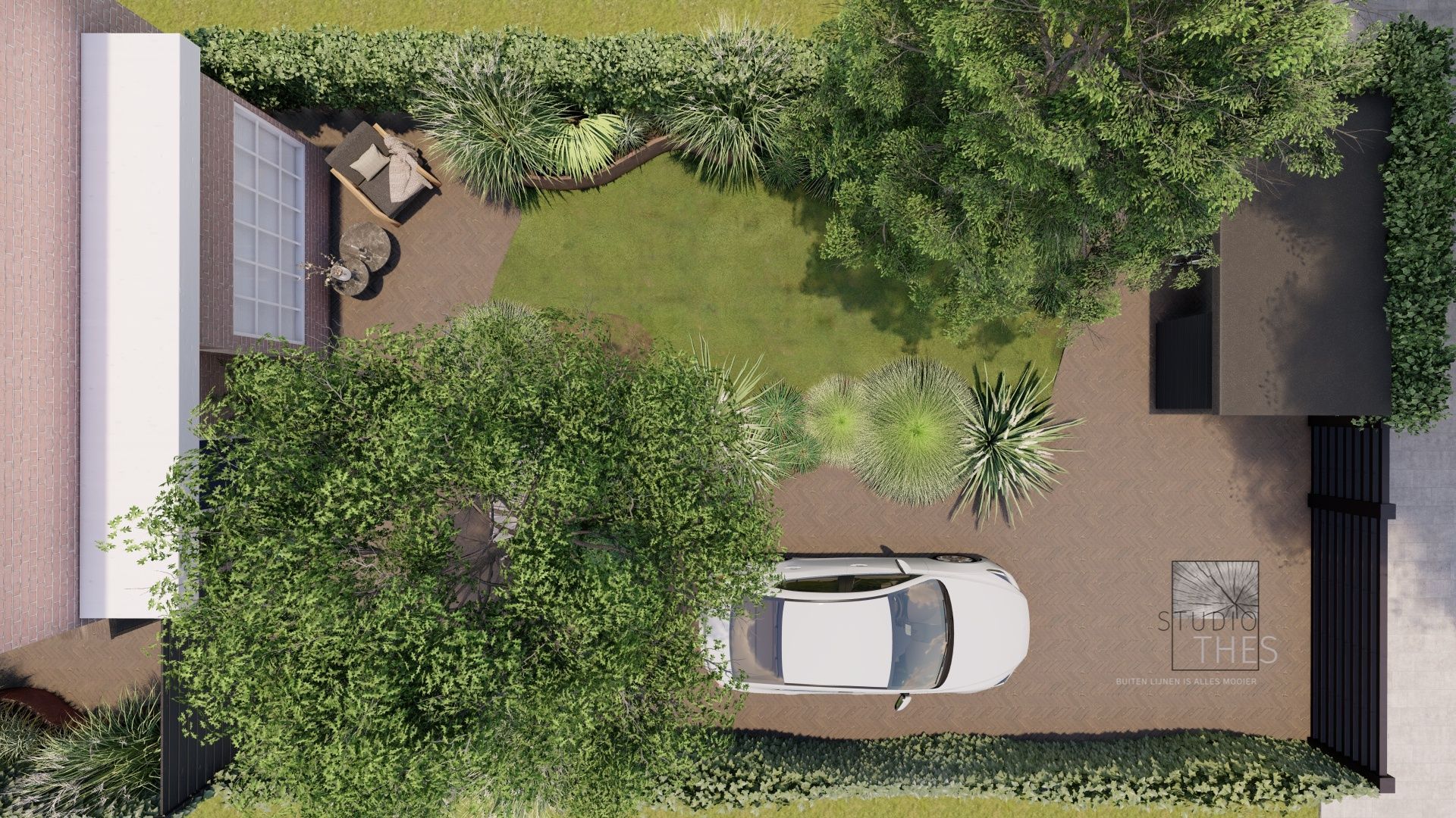 Bovenaanzicht van een moderne woning met een geparkeerde auto, oprit, tuin en zitgedeelte.