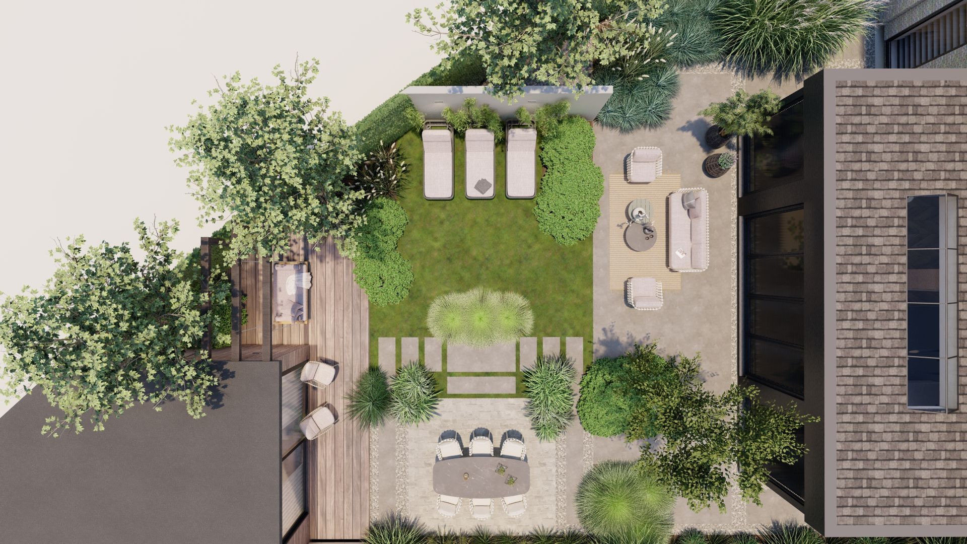 Bovenaanzicht van een moderne achtertuin met terrasmeubilair, ligstoelen, een eethoek en aangelegde beplanting.