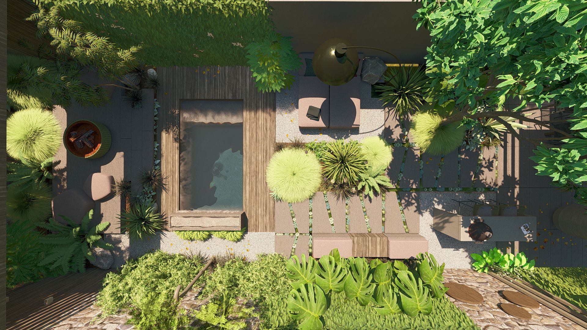 Bovenaanzicht van een moderne achtertuin met zwembad, terras, vuurkuil en diverse planten. Zonnige buitenomgeving.