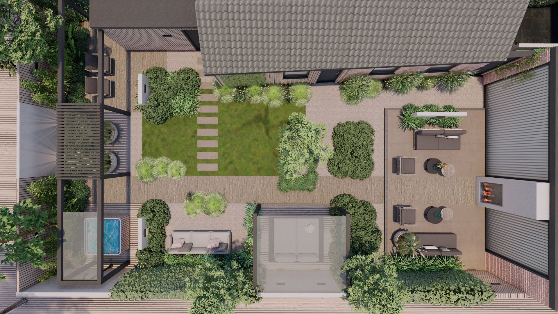 Bovenaanzicht van een moderne achtertuin met zwembad, terras, gazon en buitenkeuken.