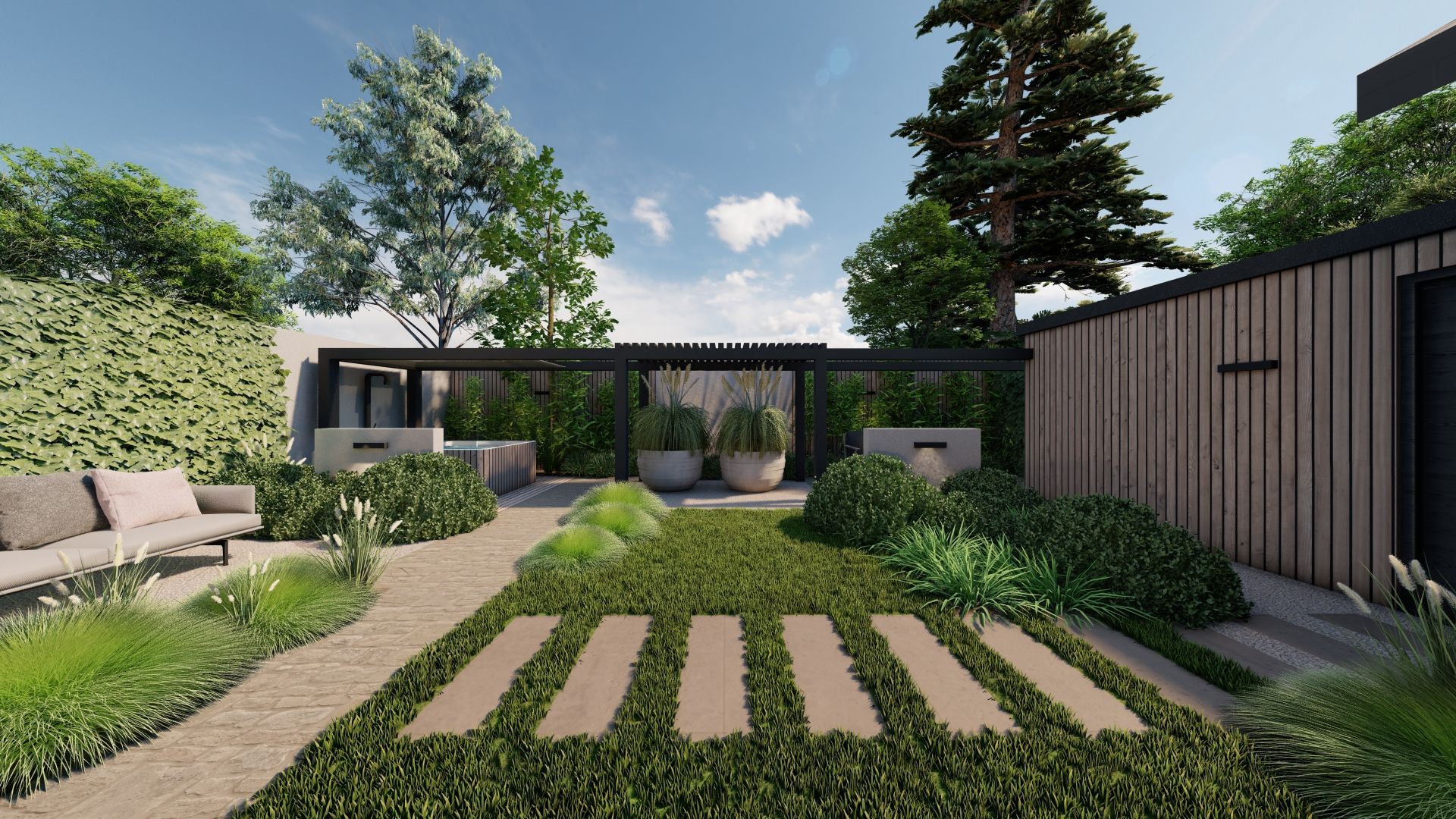 Aangelegde achtertuin met stenen pad, groen gazon en moderne pergola.
