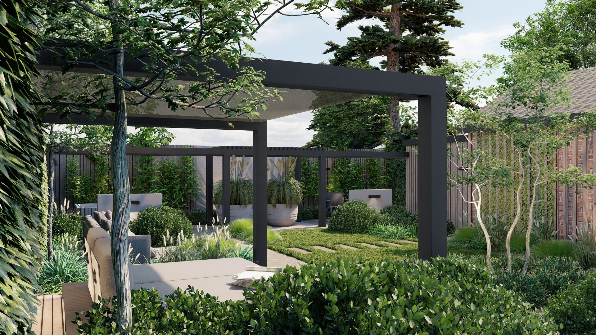 Moderne tuin met een donkere pergola, stenen terras, groene planten en een houten schutting.