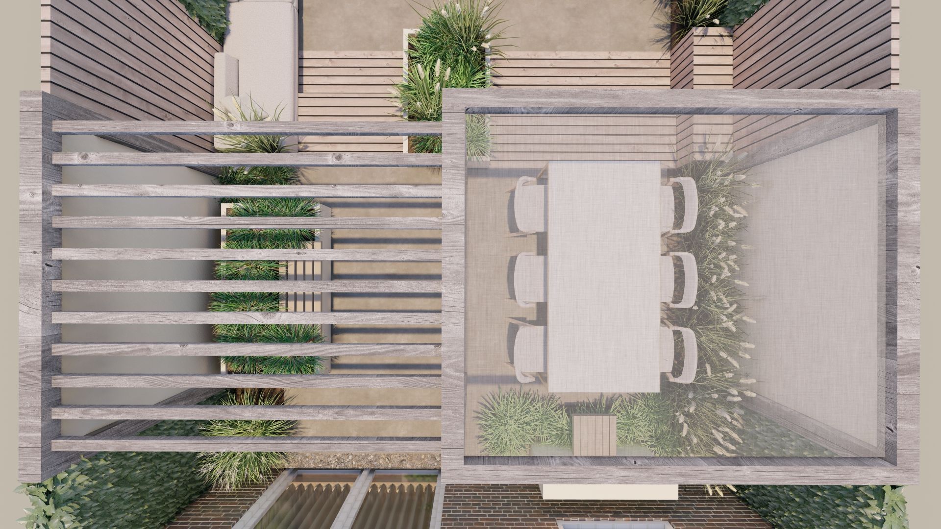 Bovenaanzicht van een moderne tuin met een eethoek, pergola en houten paden. Weelderig groen en neutrale tinten.