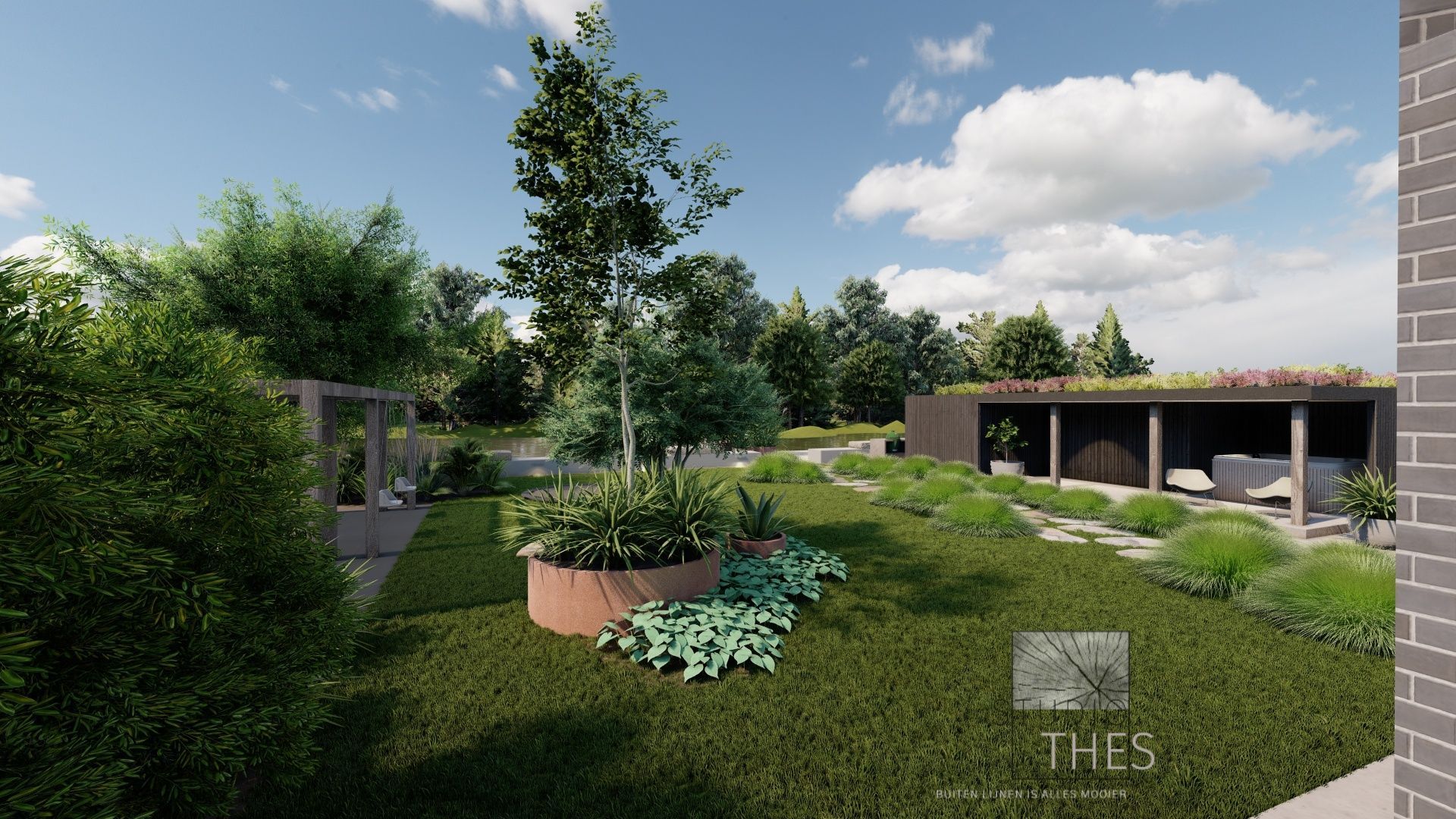 Een impressie van een moderne tuin met een grasveld, bomen, een verhoogd bloembed en een donker bouwwerk.